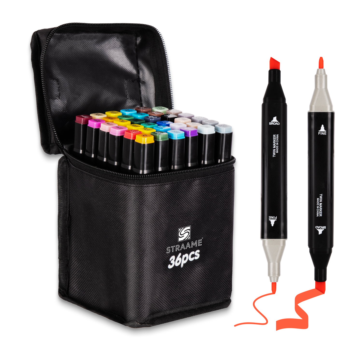 Straame Alcohol Markers – 36 Dual-Tip Pens, Fine (1mm) & Chisel (6mm) Nibs, Double-Ended Art Pens for Drawing, Sketching, Manga & Anime, With Durable Carry Case (Paint Markers - 36 pcs)