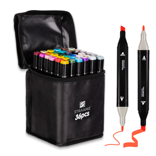 Straame Alcohol Markers – 36 Dual-Tip Pens, Fine (1mm) & Chisel (6mm) Nibs, Double-Ended Art Pens for Drawing, Sketching, Manga & Anime, With Durable Carry Case (Paint Markers - 36 pcs)