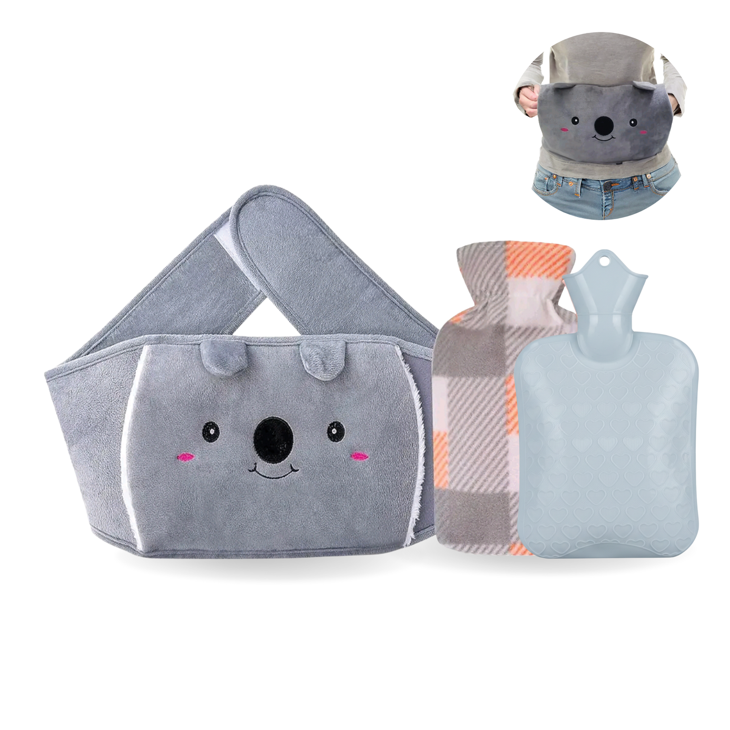 Straame Adjustable Wearable Hot Water Bottle Belt – 1L, 65 inches (165 cm) – Cozy Koala for Period Cramps, Back, Neck & More – Hands-Free Pain Relief – Included Hot Water Bottle, Belt & Cover (Blue)