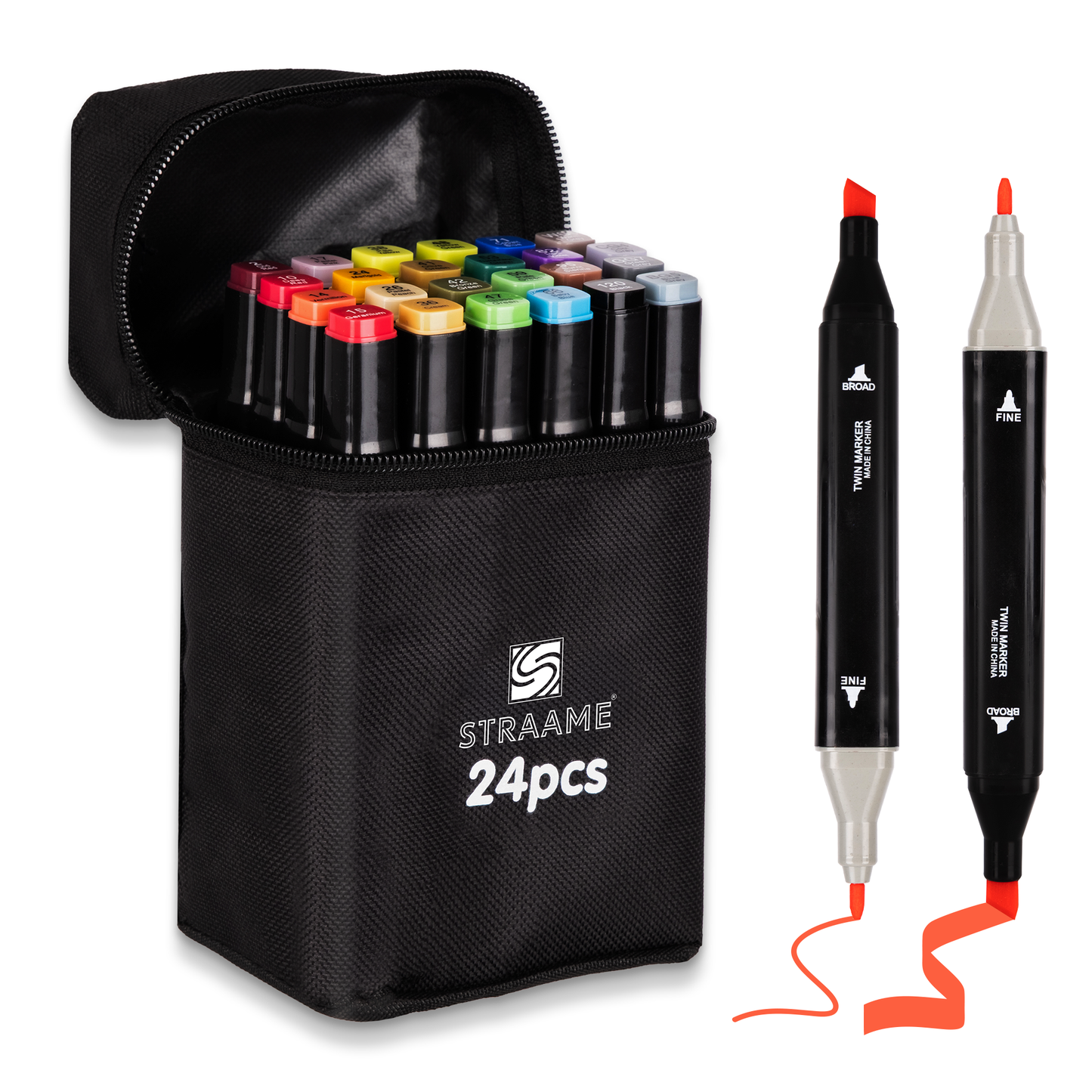 Straame Alcohol Markers – 24 Dual-Tip Pens, Fine (1mm) & Chisel (6mm) Nibs, Double-Ended Art Pens for Drawing, Sketching, Manga & Anime, With Durable Carry Case(Paint Markers - 24 pcs)