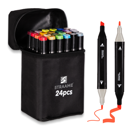 Straame Alcohol Markers – 24 Dual-Tip Pens, Fine (1mm) & Chisel (6mm) Nibs, Double-Ended Art Pens for Drawing, Sketching, Manga & Anime, With Durable Carry Case(Paint Markers - 24 pcs)