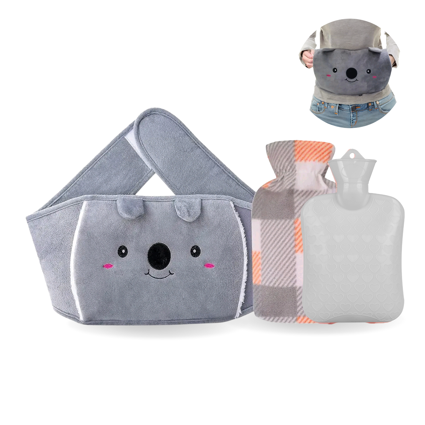 Straame Adjustable Wearable Hot Water Bottle Belt – 1L, 65 inches (165 cm) – Cozy Koala for Period Cramps, Back, Neck & More – Hands-Free Pain Relief – Included Hot Water Bottle, Belt & Cover (Grey)