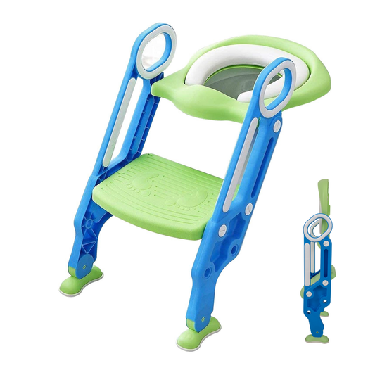 Straame Toddler Toilet Ladder Seat - Adjustable Potty-Training Seat, Soft Cushion Seat and Anti-Slip Steps Design - Easy to Install Portable Children Potty Training Chair (Green-Blue)