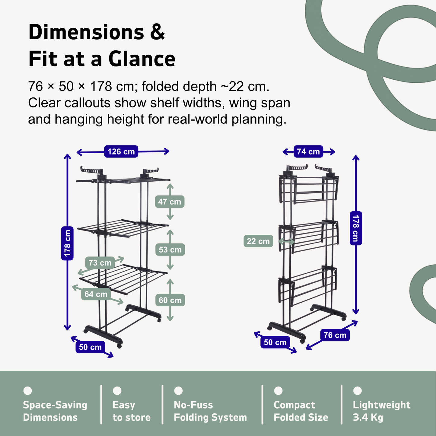 Straame 4-Tier Winged Clothes Airer – Foldable Clothes Drying Rack with Wheels for Indoor/Outdoor Use, Heavy-Duty Laundry Airer, Dryer rack, 76×50×178 cm (Black)