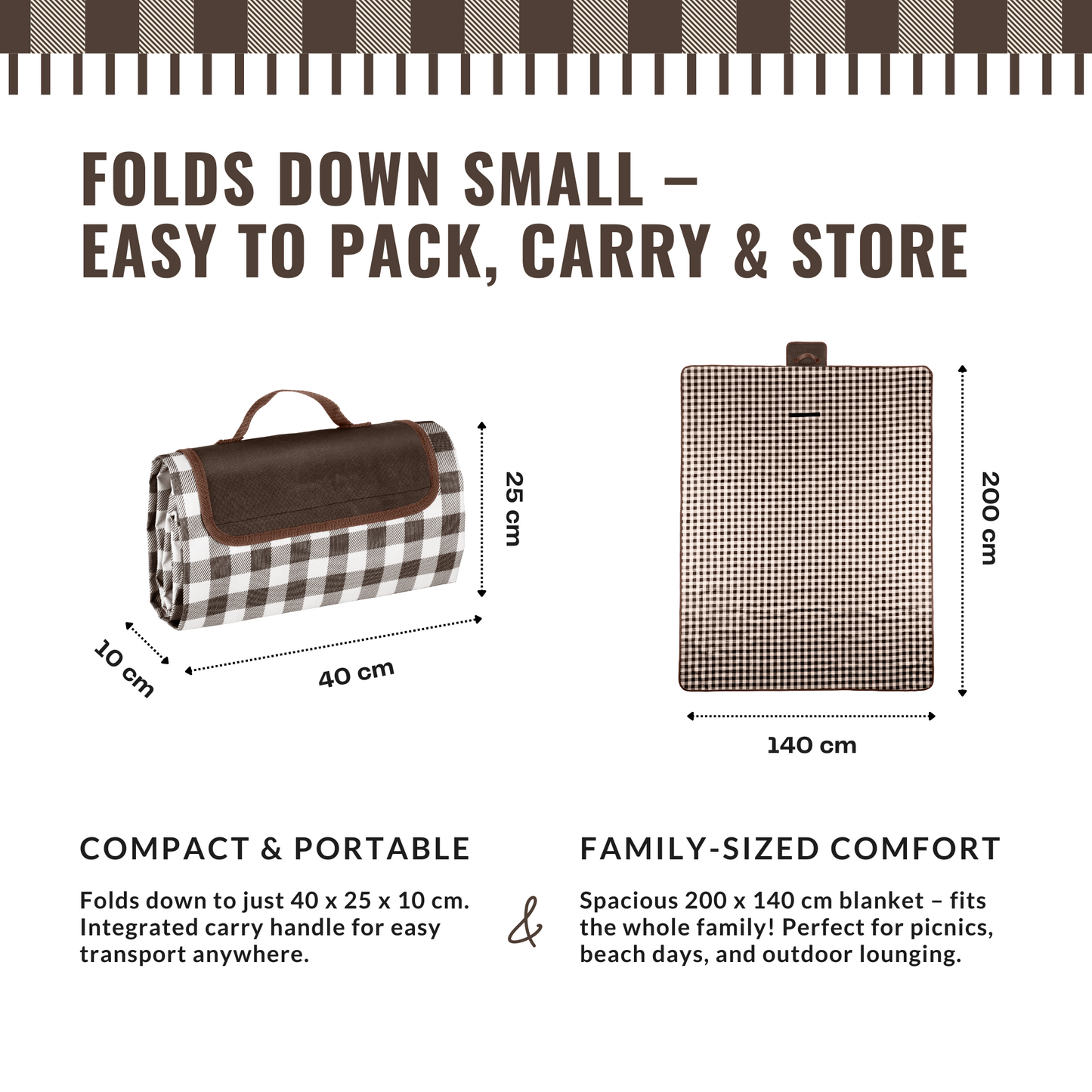 Straame Waterproof Picnic Blanket – Large 200x140cm Foldable Outdoor Blanket with Carry Handle – Ideal for Camping, Beach, Garden & Festivals – Timeless Gingham Design (Brown)