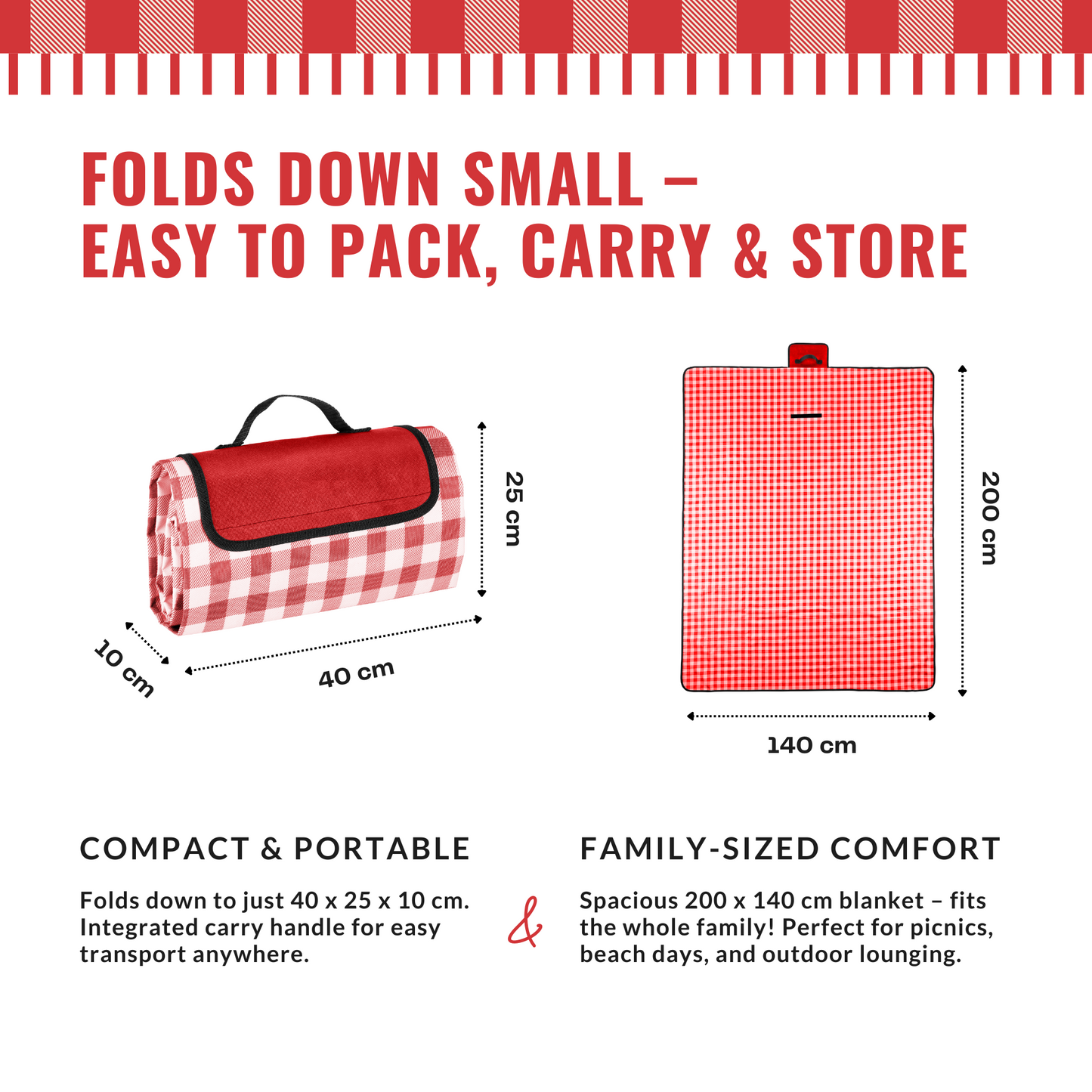 Straame Waterproof Picnic Blanket – Large 200x140cm Foldable Outdoor Blanket with Carry Handle – Ideal for Camping, Beach, Garden & Festivals – Timeless Gingham Design (Red)