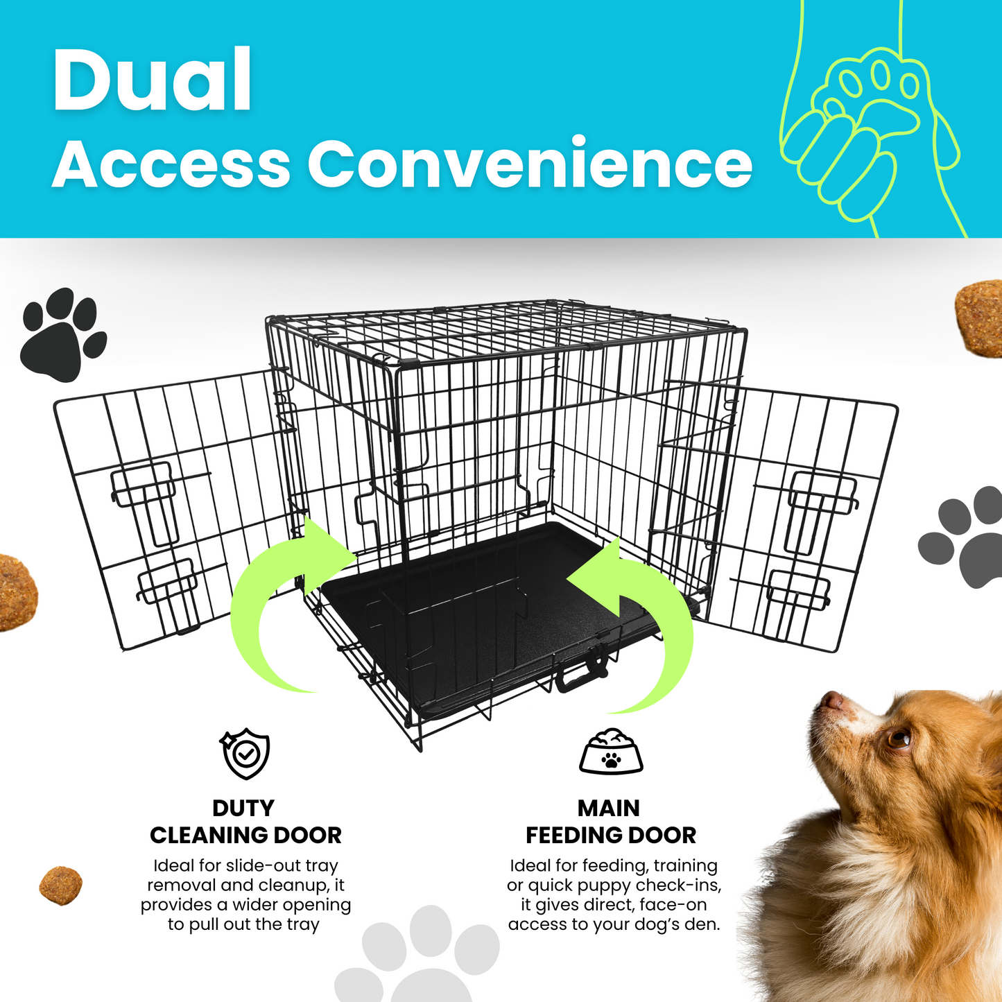 Straame Heavy-Duty Folding Dog Crate for Small Dogs, 60 × 40 × 50 cm (24″) Black Metal Cage with Front & Side Doors, Chew-Resistant, Removable Easy-Clean Plastic Tray & Carry Handle
