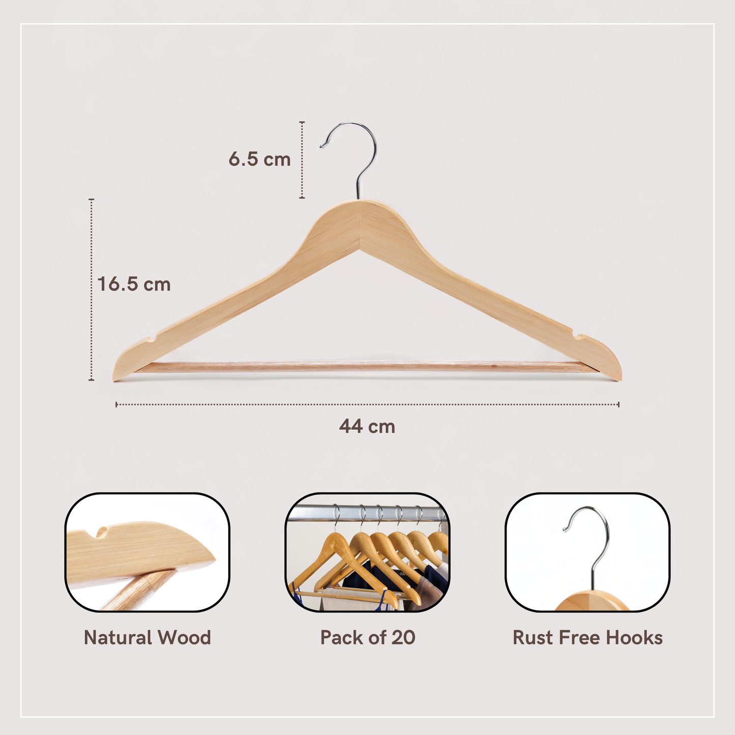 Straame Home | Strong Brown Wooden Coat Hangers |Made with Natural Wood and Non-Slip Trouser bar | Extra Smooth Finish | Strong Shoulder Notches | Pack of 20