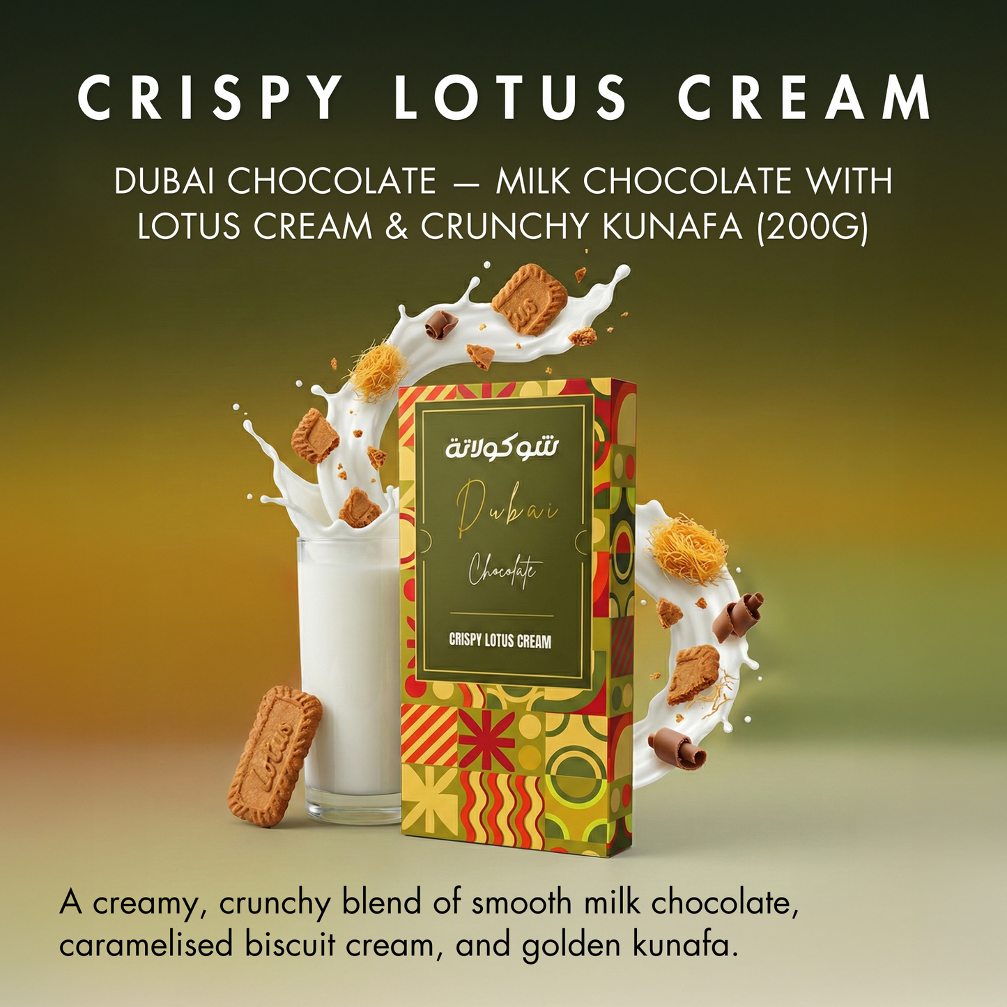 Le Damas 200g Dubai Chocolate Assortment – Crispy Lotus Cream Flavour with Kunafa Dough – Made With Milk Chocolate – Perfect Box For Kids Family,Friend (Pack of 1, Crispy Lotus Cream)