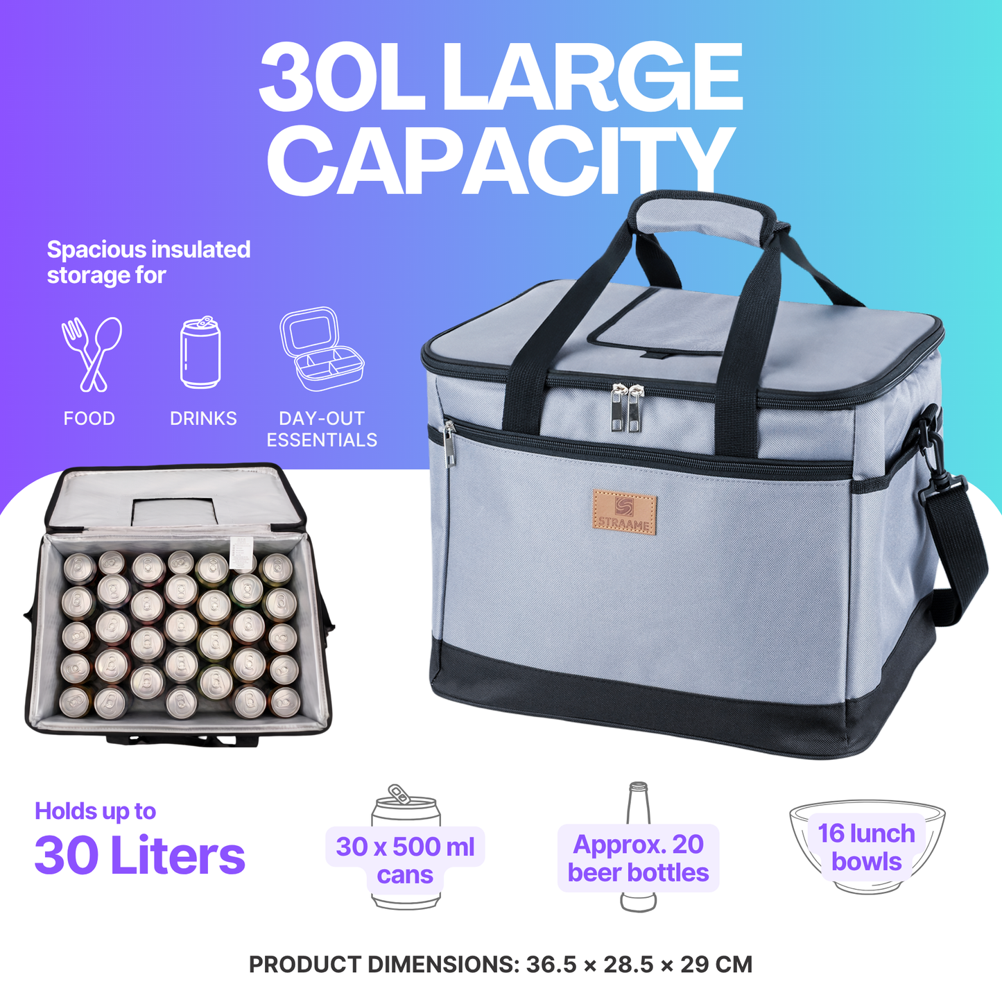 Straame 30L Insulated Cooler Bag, Large Lunch Bag Cool Bag for Picnic, Travel & Camping, Leakproof Foldable Cool Box with Shoulder Strap, Quick Access Top, Insulated Lunch Bag, Grey