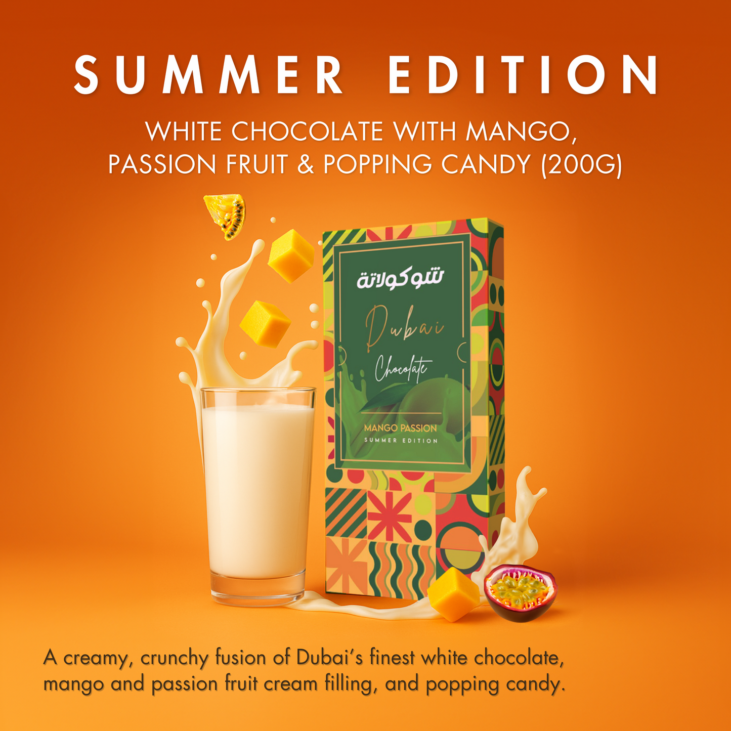 Le Damas Dubai Chocolate Mango Passion Summer Edition Gift Idea: White Chocolate Shell with Mango and Passion Fruit Filling and Poppy Candy, Luxurious Melt in Your Mouth Treat (200g)