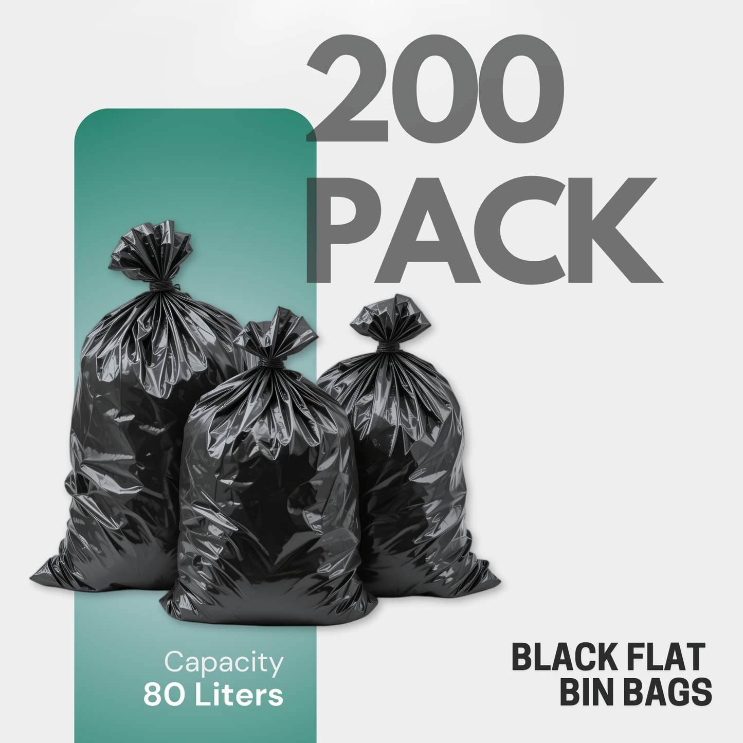 200 Pack Flat Black Bin Bags – Bin Bags heavy duty 80 L, General Waste Strong Refuse Sacks for Home, Kitchen, Office & Restaurant (45 × 72 × 97 cm)