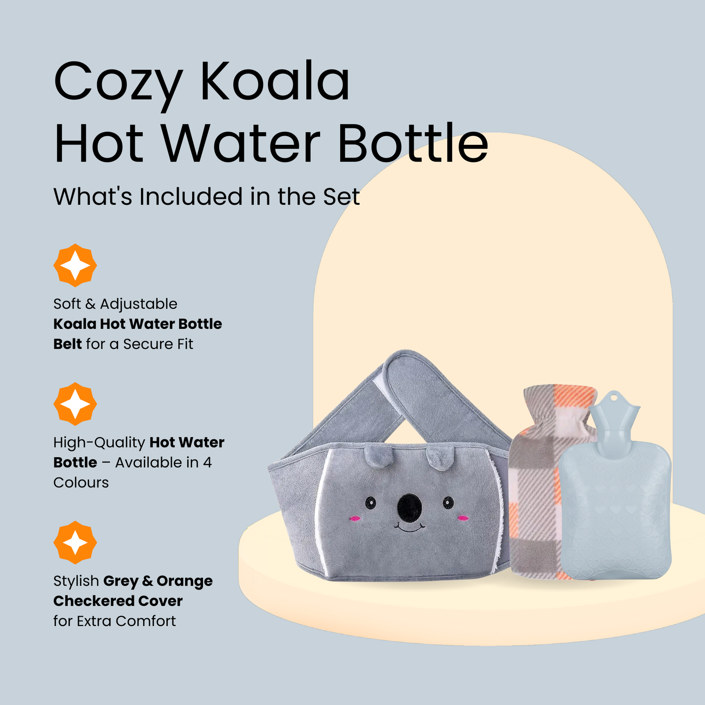 Straame Adjustable Wearable Hot Water Bottle Belt – 1L, 65 inches (165 cm) – Cozy Koala for Period Cramps, Back, Neck & More – Hands-Free Pain Relief – Included Hot Water Bottle, Belt & Cover (Blue)