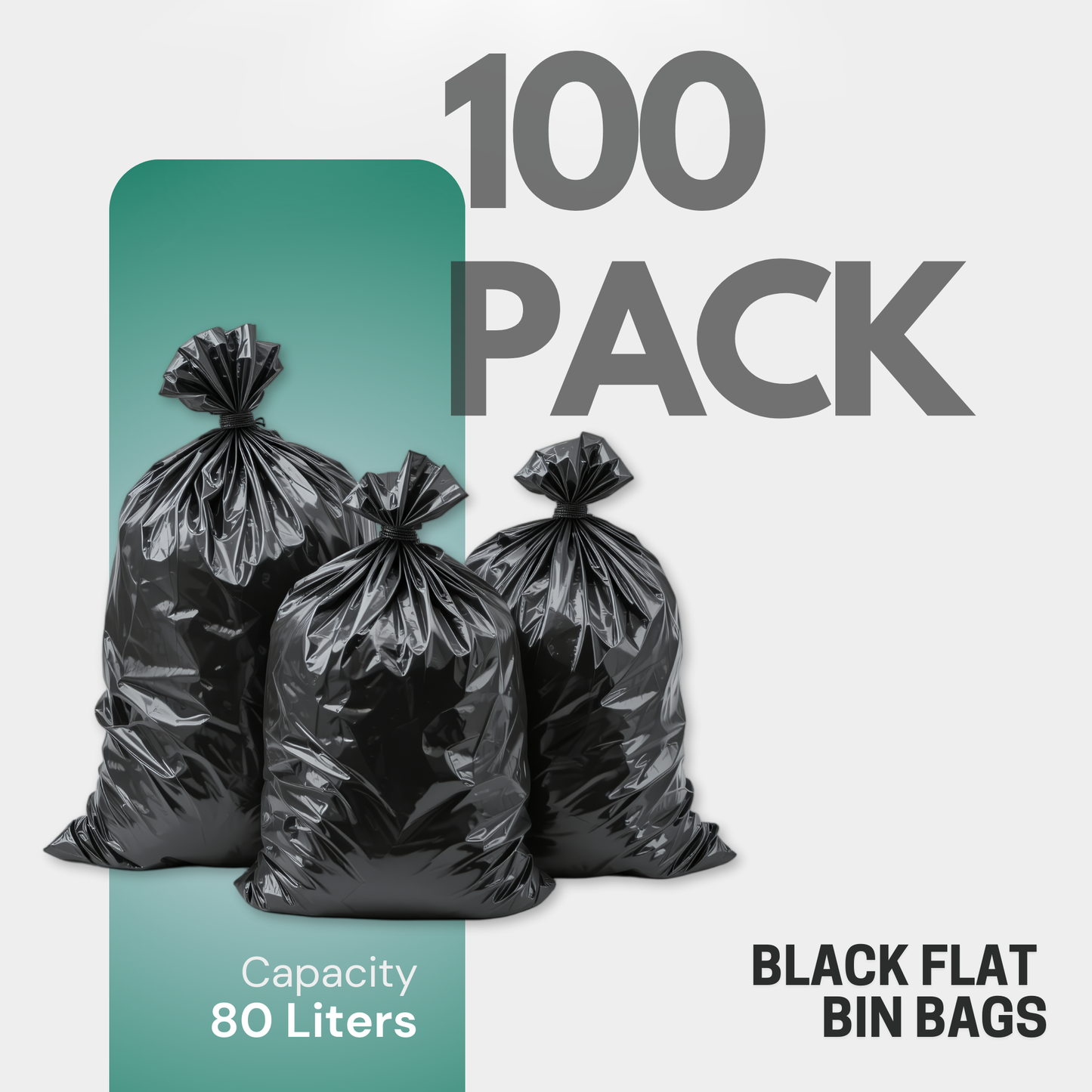 100 Pack Flat Black Bin Bags – Bin Bags heavy duty 80 L, General Waste Strong Refuse Sacks for Home, Kitchen, Office & Restaurant (45 × 72 × 97 cm)