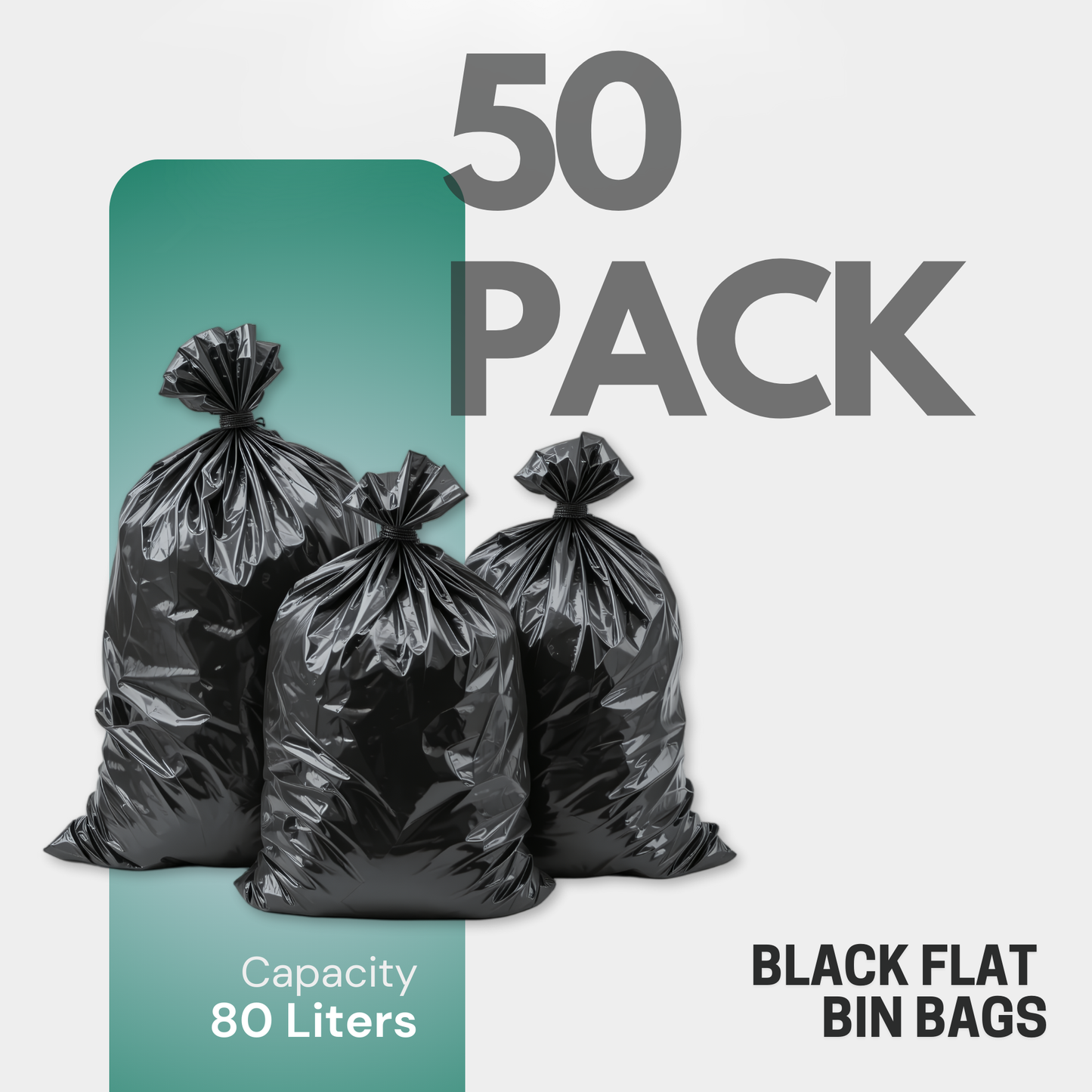 50 Pack Flat Black Bin Bags – Bin Bags heavy duty 80 L, General Waste Strong Refuse Sacks for Home, Kitchen, Office & Restaurant (45 × 72 × 97 cm)