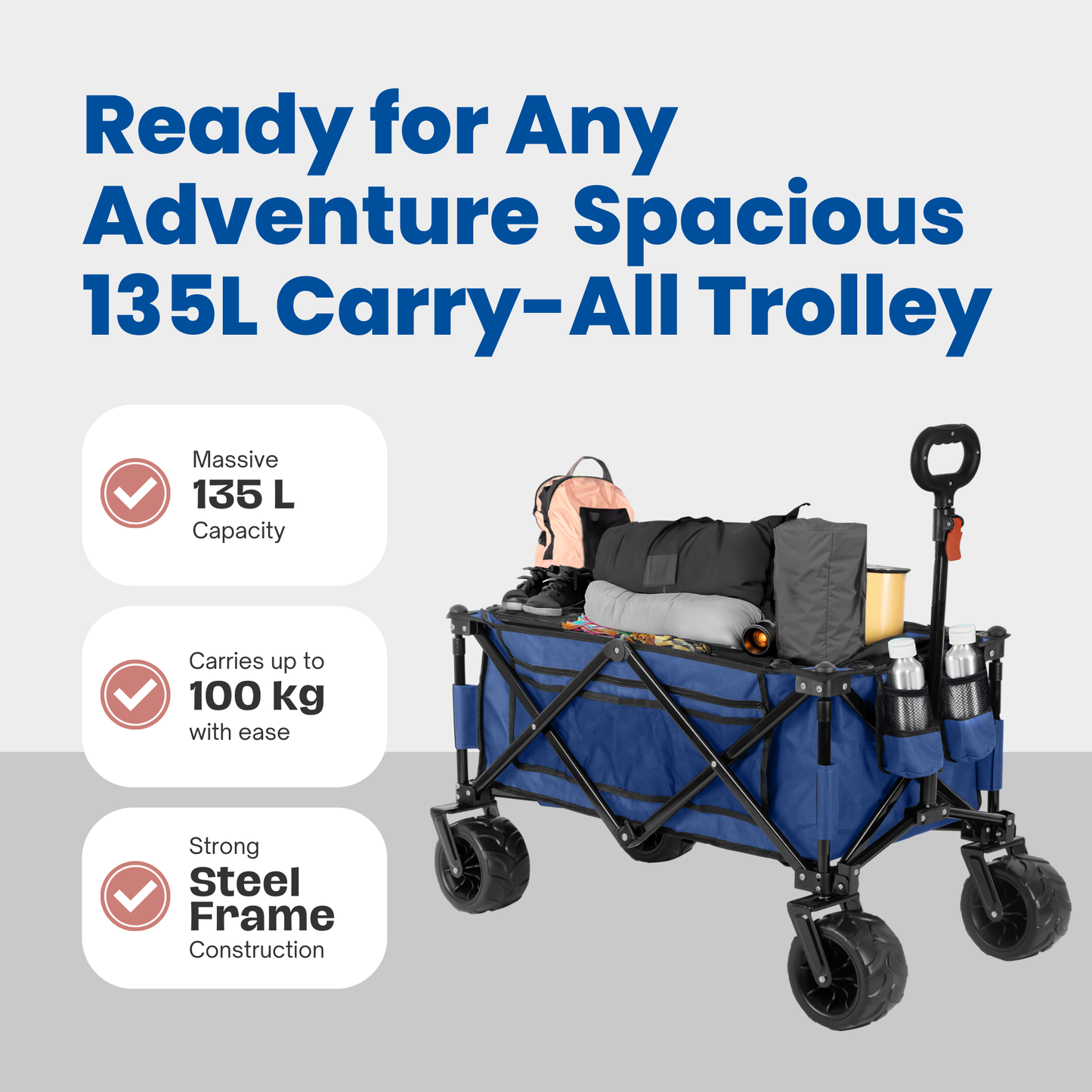 Straame Foldable Trolley Cart – 135L, 100kg Capacity Pull-Along Camping Wagon for Beach, Garden & Festivals – All-Terrain Festival Trolley with Adjustable Handle & 360° Swivel Wheels (Navy)