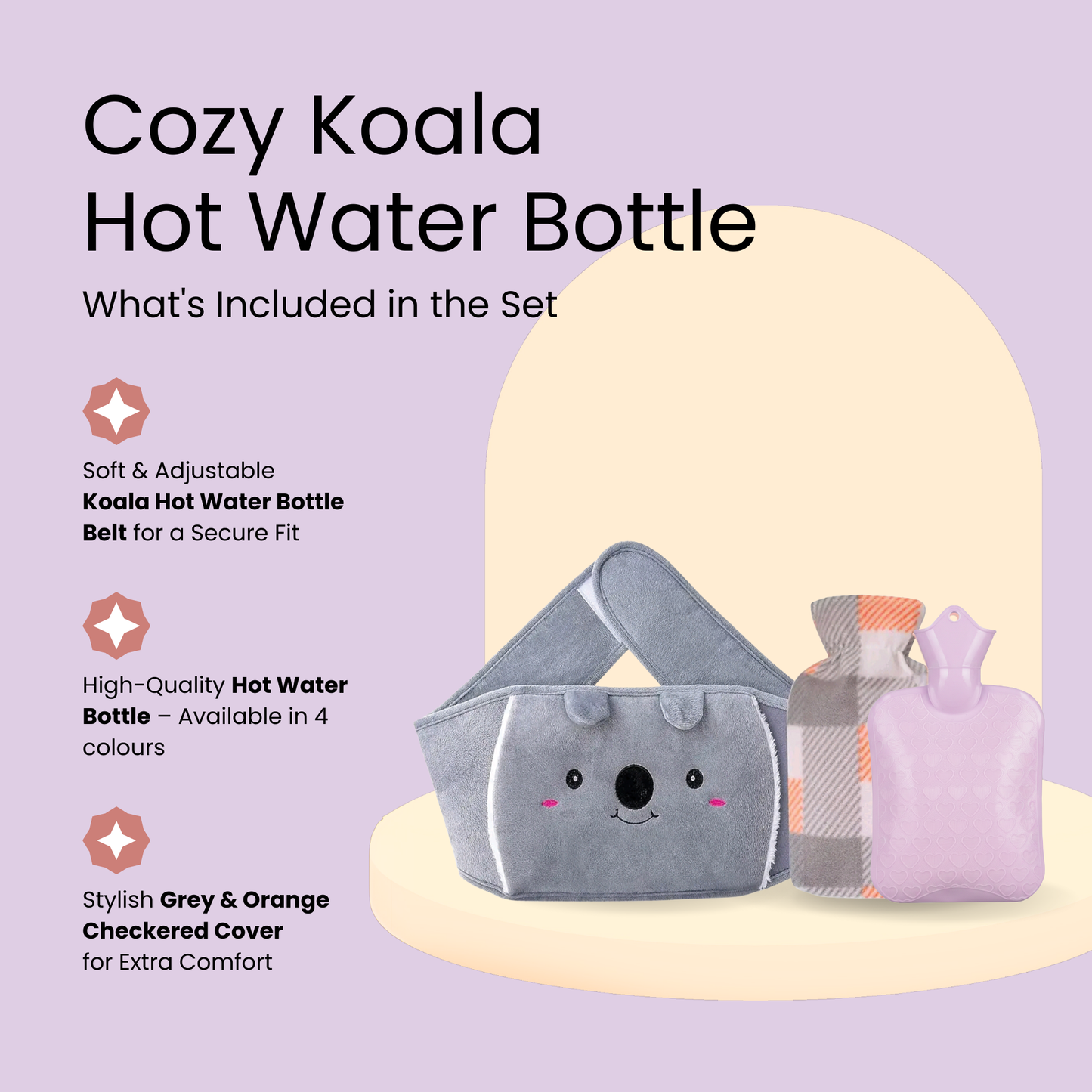 Straame Adjustable Wearable Hot Water Bottle Belt – 1L, 65 inches (165 cm) – Cozy Koala for Period Cramps, Back, Neck & More – Hands-Free Pain Relief – Included Hot Water Bottle, Belt & Cover (Purple)