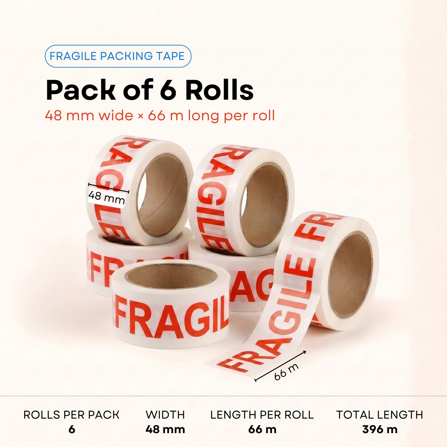 Wolf Tapes Packaging Tape, Resistant Box Tape for Packing, All Purpose Adhesive Tape for Sealing Boxes and Parcels, FSC Certified Shipping Tape, Pack of 6 Rolls 48MM x 66M (Fragile)