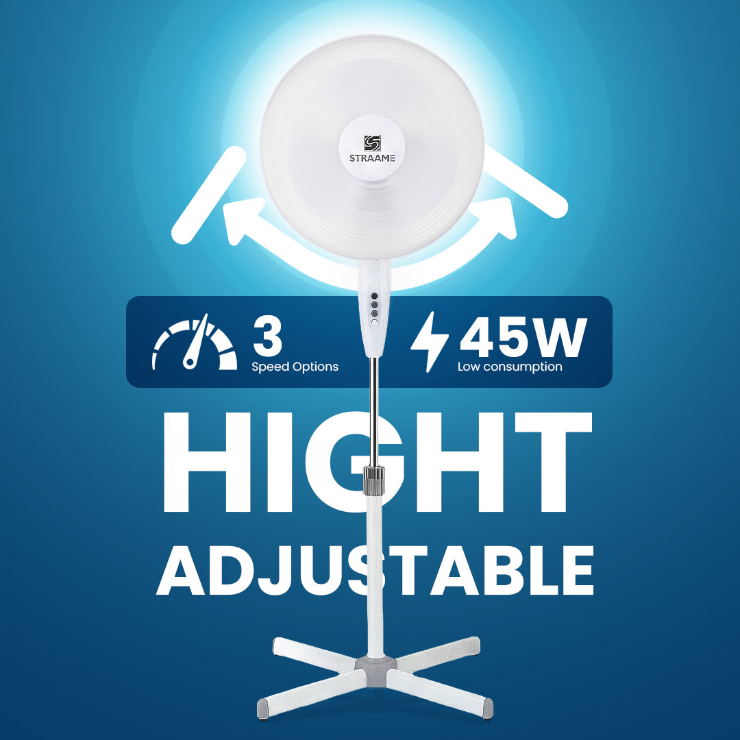 Straame 16 Inch White Pedestal Fan, Quiet Standing Fan, High Performance Fan, Adjustable Height up to 140 cm, 3 Speed Settings, Tilting Head, Low Energy 45W Cooling Fans for Houses and Offices
