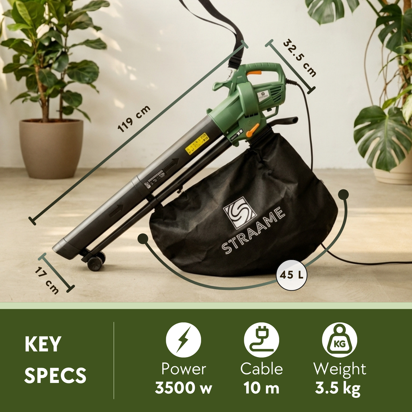 Straame 3-in-1 Leaf Blower and Vacuum 3500W, Garden Vacuum, Blower and Mulcher, Clears Lawns, Patios and Driveways, Extra-Large 45L Collection Bag, 10m Cable, Shoulder Strap and Wheels