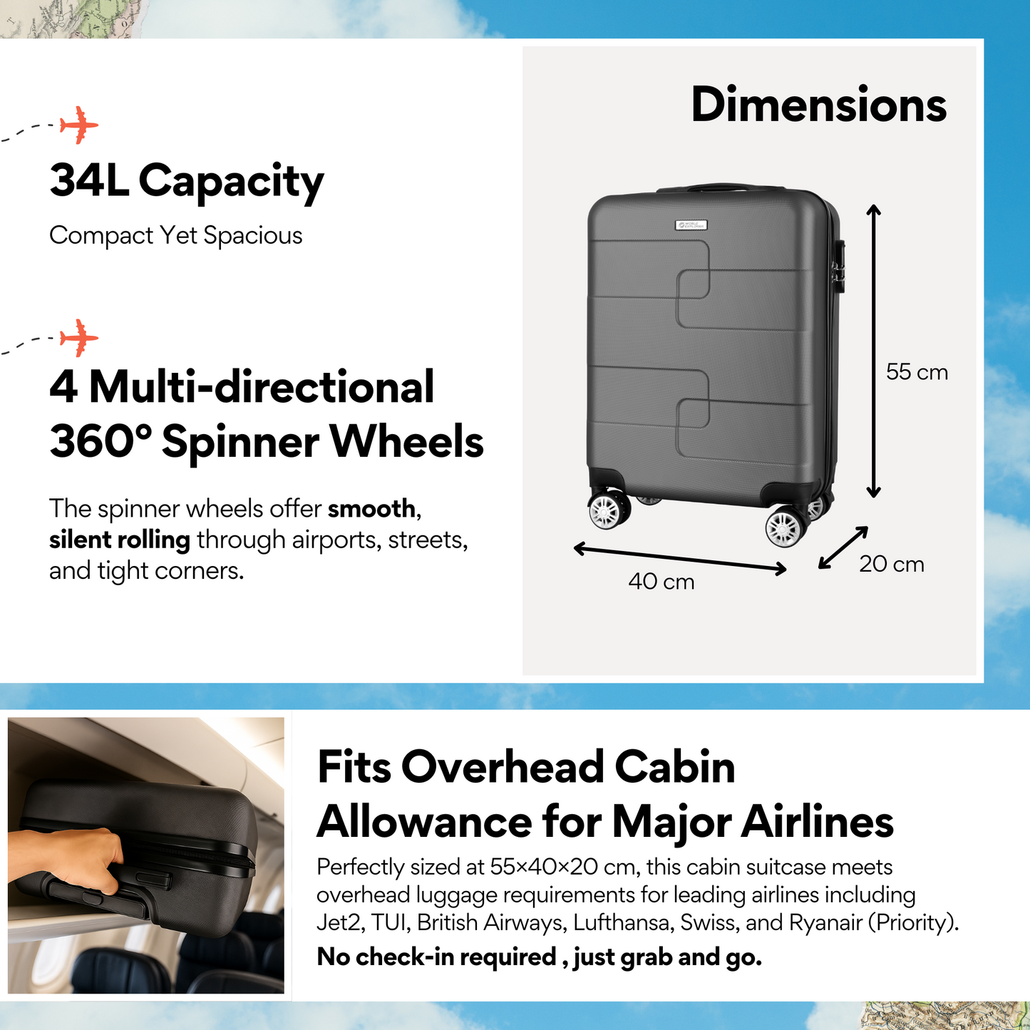 WORLD EXPLORER Cabin Suitcase | ABS Hard Shell with 360° Spinner Wheels & Com-bination Lock | Lightweight Cabin Luggage and Suitcase 34L – Ryanair Priority Size Travel Bag - Dark Grey, 55x40x20 CM