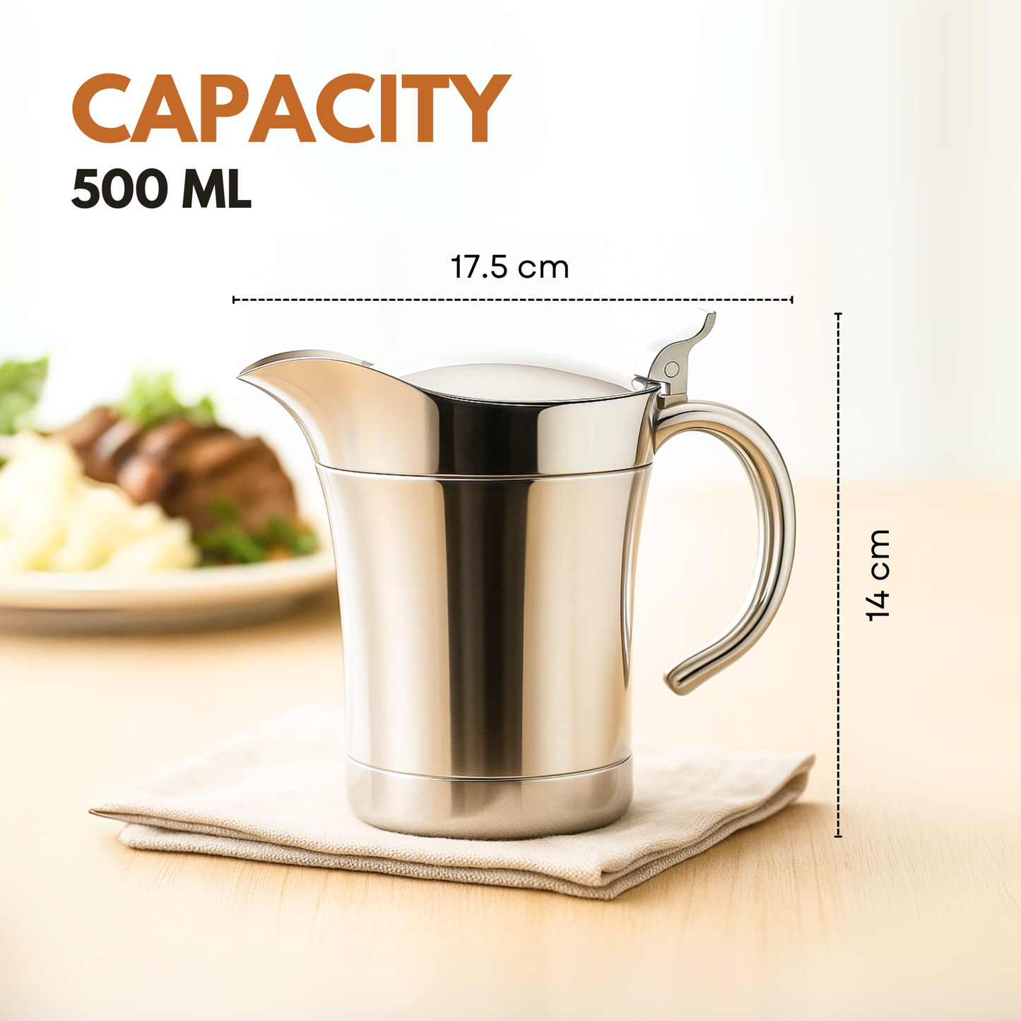 Straame 500ml Stainless Steel Gravy Boat, Double-Wall Insulated Jug (Up to 2 Hours Hot or Cold), Anti-Drip Spout, Hinged Lid, Ergonomic Handle for Gravy, Custard, Cream and Sauces