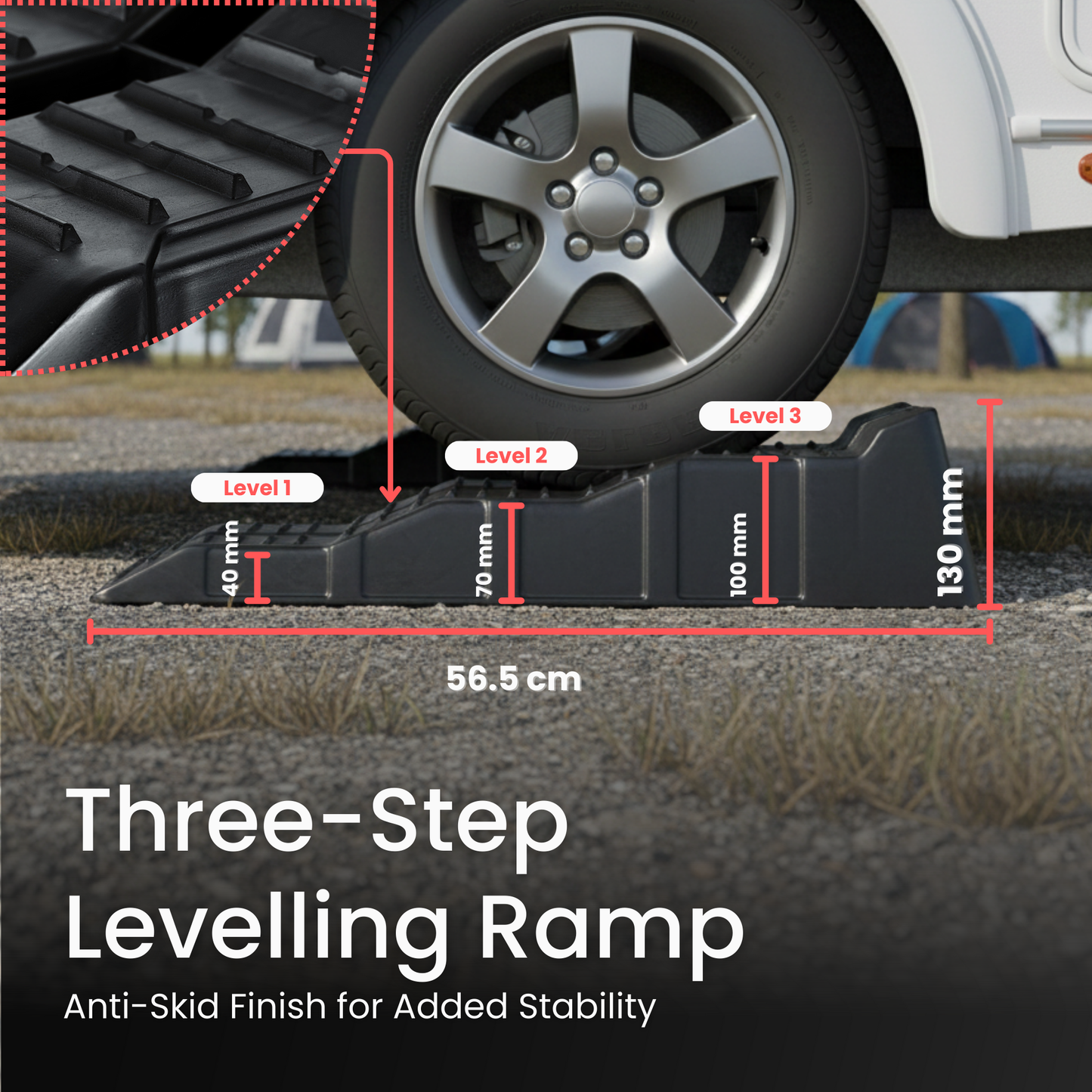 Straame Caravan Levelling Ramps (2 Pack, Black, 3 Step Heights 40/70/100 mm) – Heavy Duty Car, Van & Motorhome Levelling Ramps, UV-Resistant Wheel Chocks with Anti-Skid Grooves, 4 T Capacity