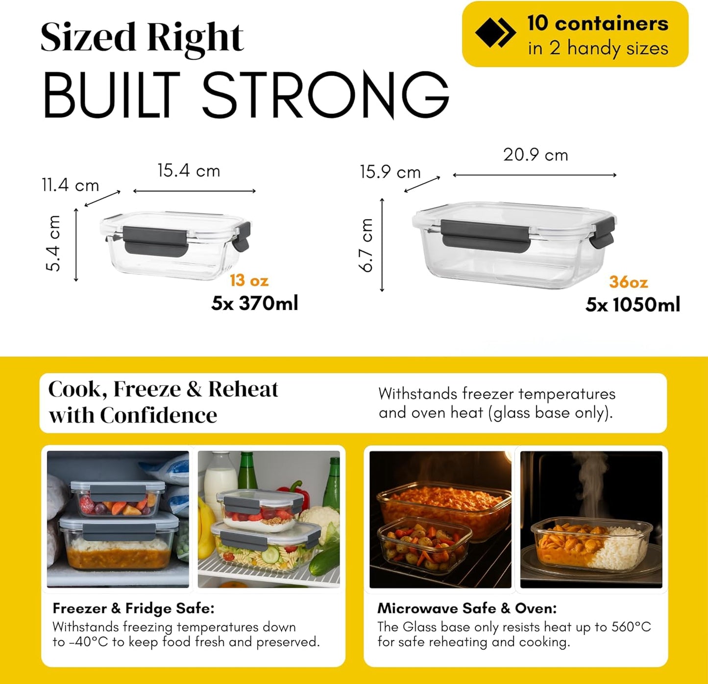 Straame Glass Meal Prep Containers with Airtight Lids – 10-Pack (5×1050ml + 5×370ml) – Reusable Glass Food Storage Containers – Leakproof, Freezer, Oven, Microwave & Dishwasher Safe (Rectangular)