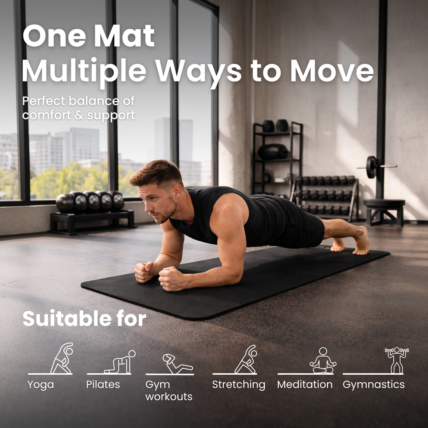 Lockie Fitness Yoga Mat 8 mm Thick, Non Slip Exercise Mat for Women and Men, TPE Foam Pilates Mat, Gym Mat for Home Workout, Yoga, Pilates, Exercise & Gymnastics, 180 x 60 cm - Black