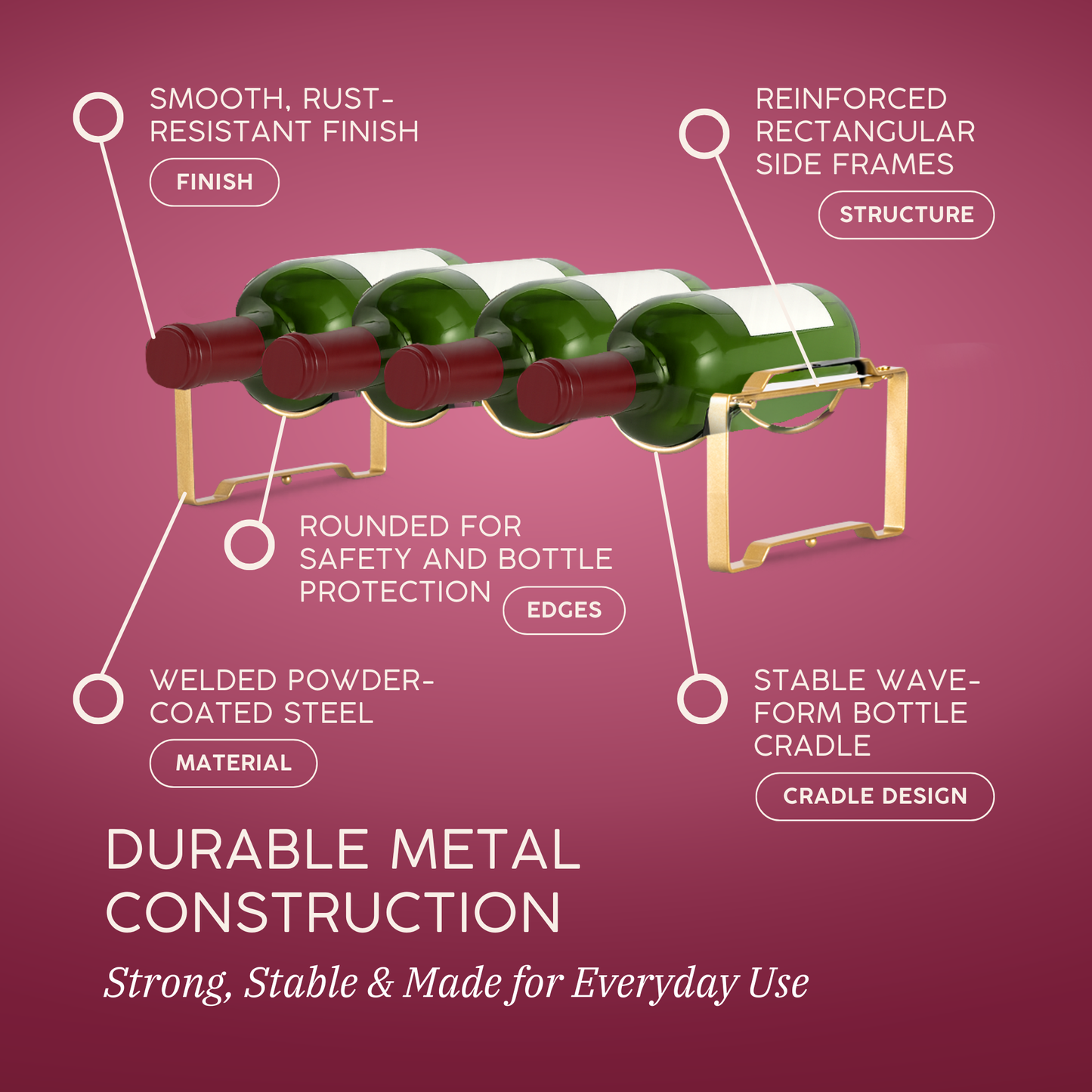 Straame 3 Tier Metal Wine Rack – Stackable Bottle Rack for Wine Storage – Wine Racks Free Standing Organiser for Countertop, Shelf or Cupboard – Modular Wire Rack Holder – Modern Design (Gold)
