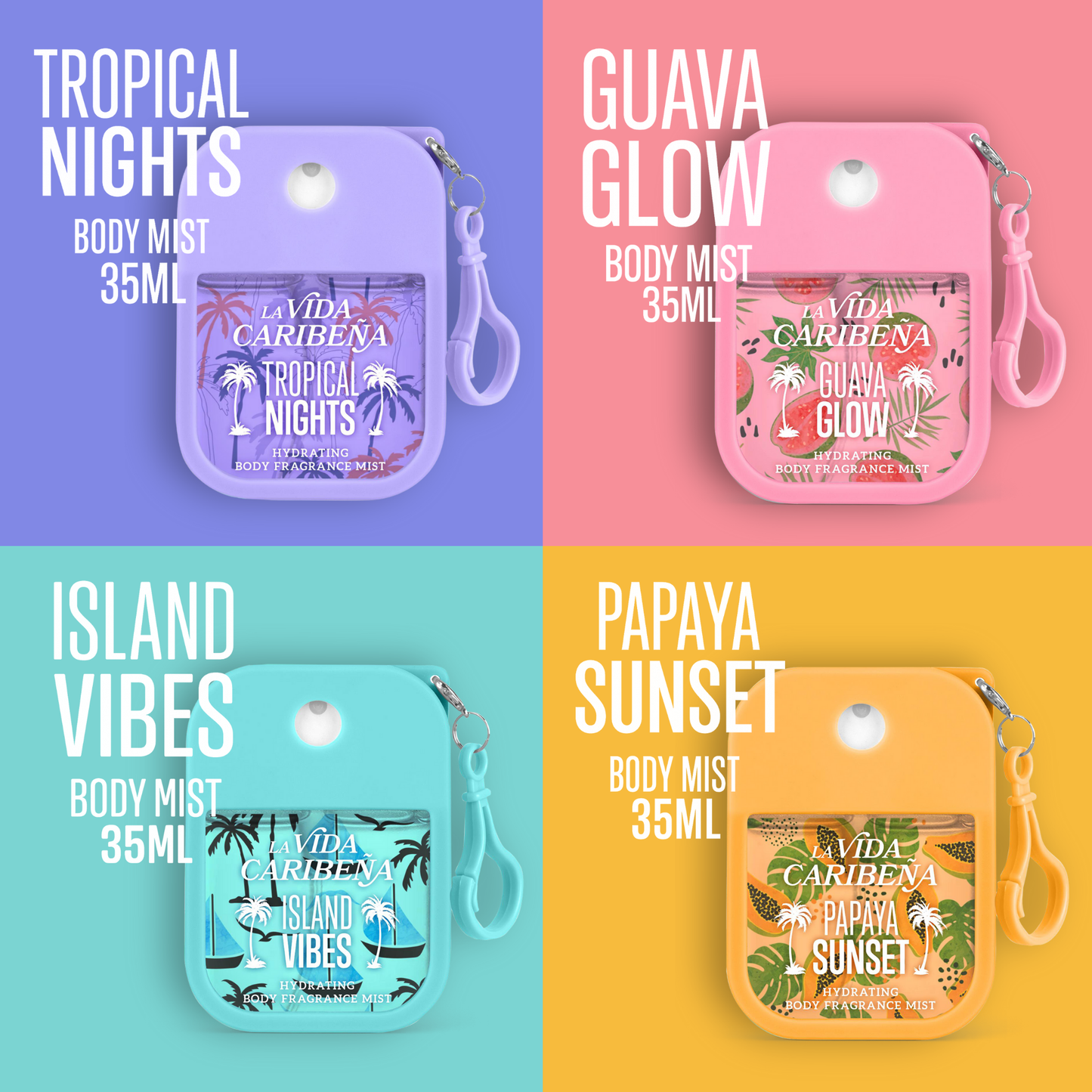 La Vida Caribeña Hydrating Body Mist 4-Pack Gift Set – Travel Size 35 ml Each – Papaya Sunset, Guava Glow, Island vibe & Tropical Nights | Fine Fragrance Mists, Light Long-Lasting Spray, Gift-Ready