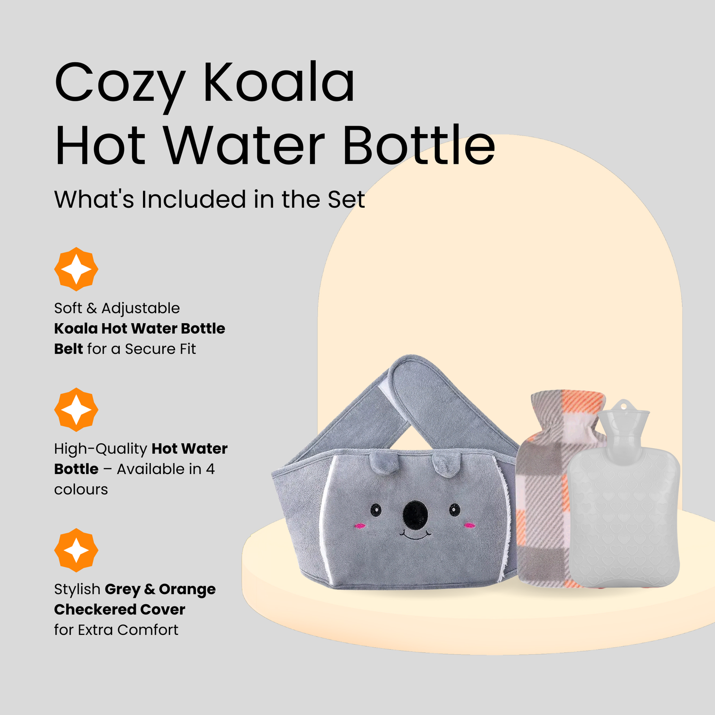 Straame Adjustable Wearable Hot Water Bottle Belt – 1L, 65 inches (165 cm) – Cozy Koala for Period Cramps, Back, Neck & More – Hands-Free Pain Relief – Included Hot Water Bottle, Belt & Cover (Grey)