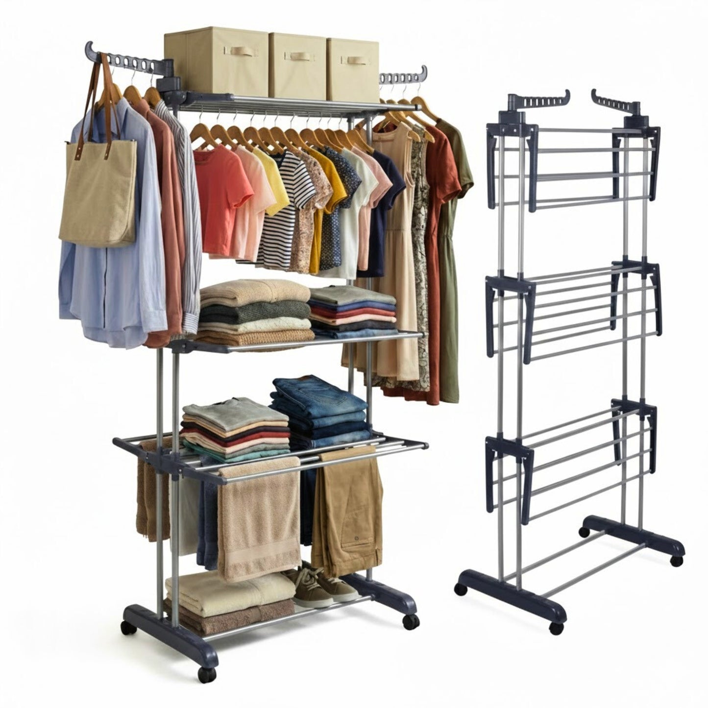 Straame 4-Tier Winged Clothes Airer – Foldable Clothes Drying Rack with Wheels for Indoor/Outdoor Use, Heavy-Duty Laundry Airer, Dryer rack, 76×50×178 cm (Grey)