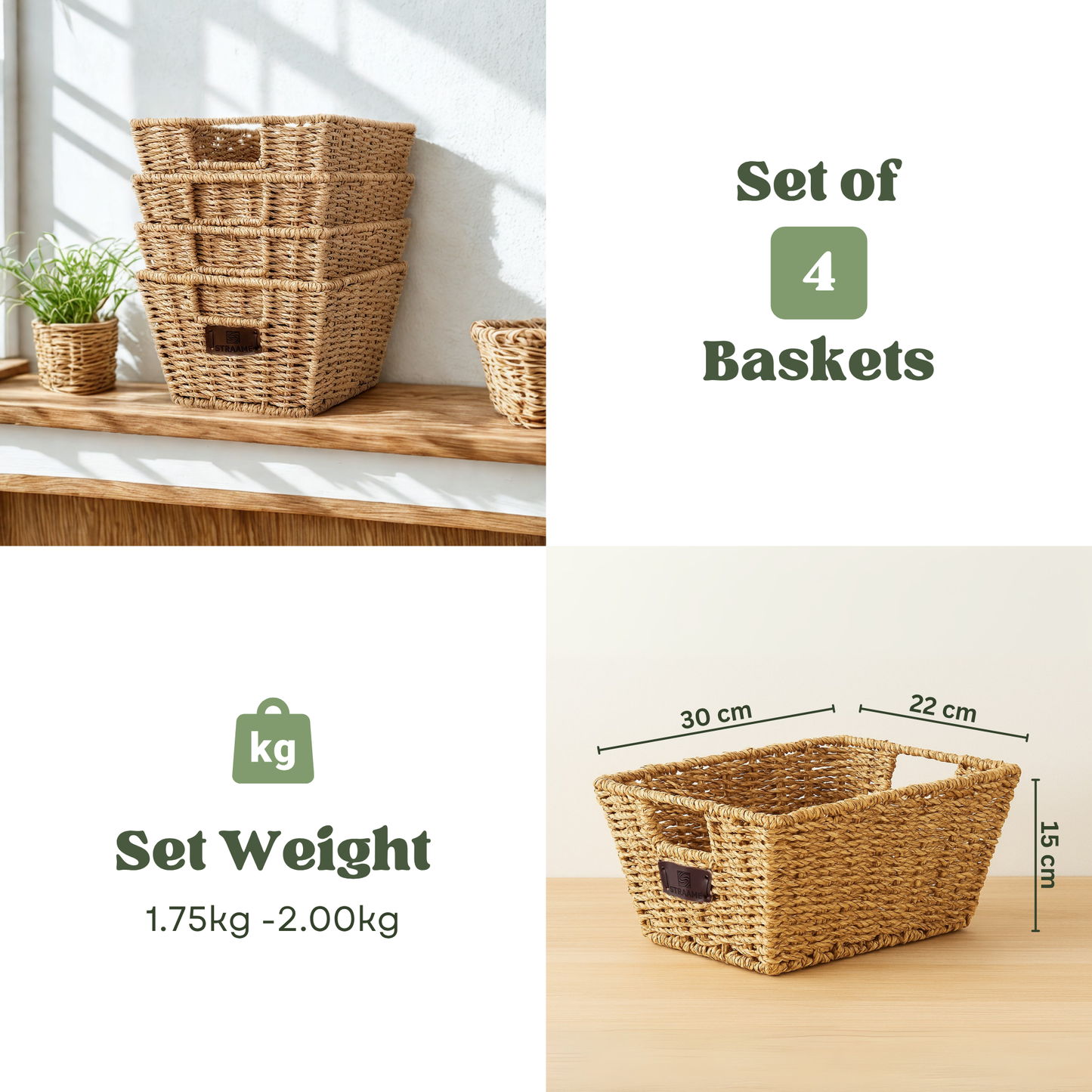 Straame Seagrass Storage Baskets Set of 4 - Handwoven Wicker Organisers with Handles, Steel-Reinforced Frame, Nesting Design - 30 x 22 x 15 cm, Natural seagrass material for Shelves, Bathroom and Home