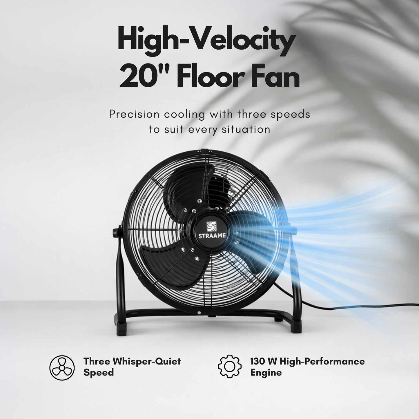 Straame Floor Fan – Quiet Portable Steel Floor Fan with 3 Speeds, High Velocity & Adjustable Head for Bedroom, Home & Gym – 1.8m Cable (20 Inch)
