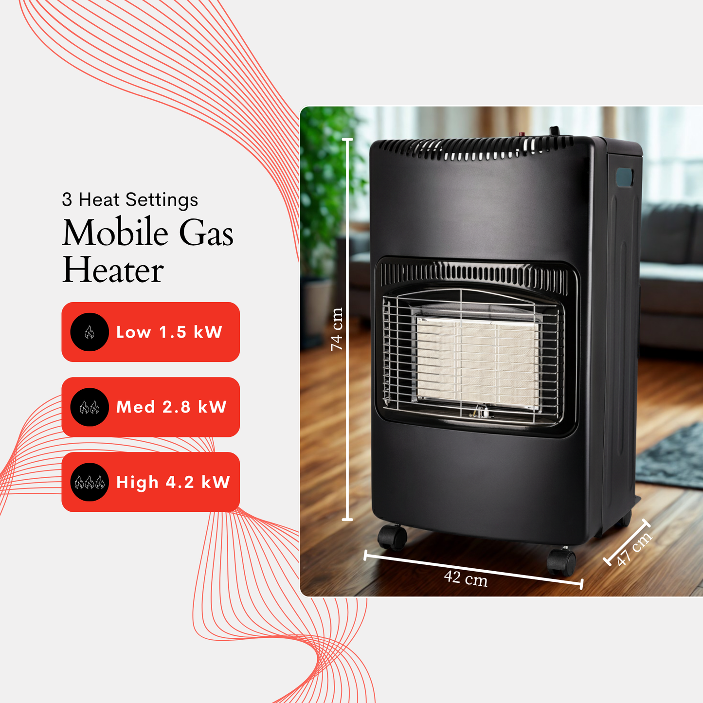 Straame Mobile Gas Heater 4.2kW – Foldable Indoor Butane Heater with 3 Heat Settings, Push-Button Ignition, ODS & Anti-Tilt Safety – Fits 13/15kg Cylinder, Regulator & Hose Included, with Castors