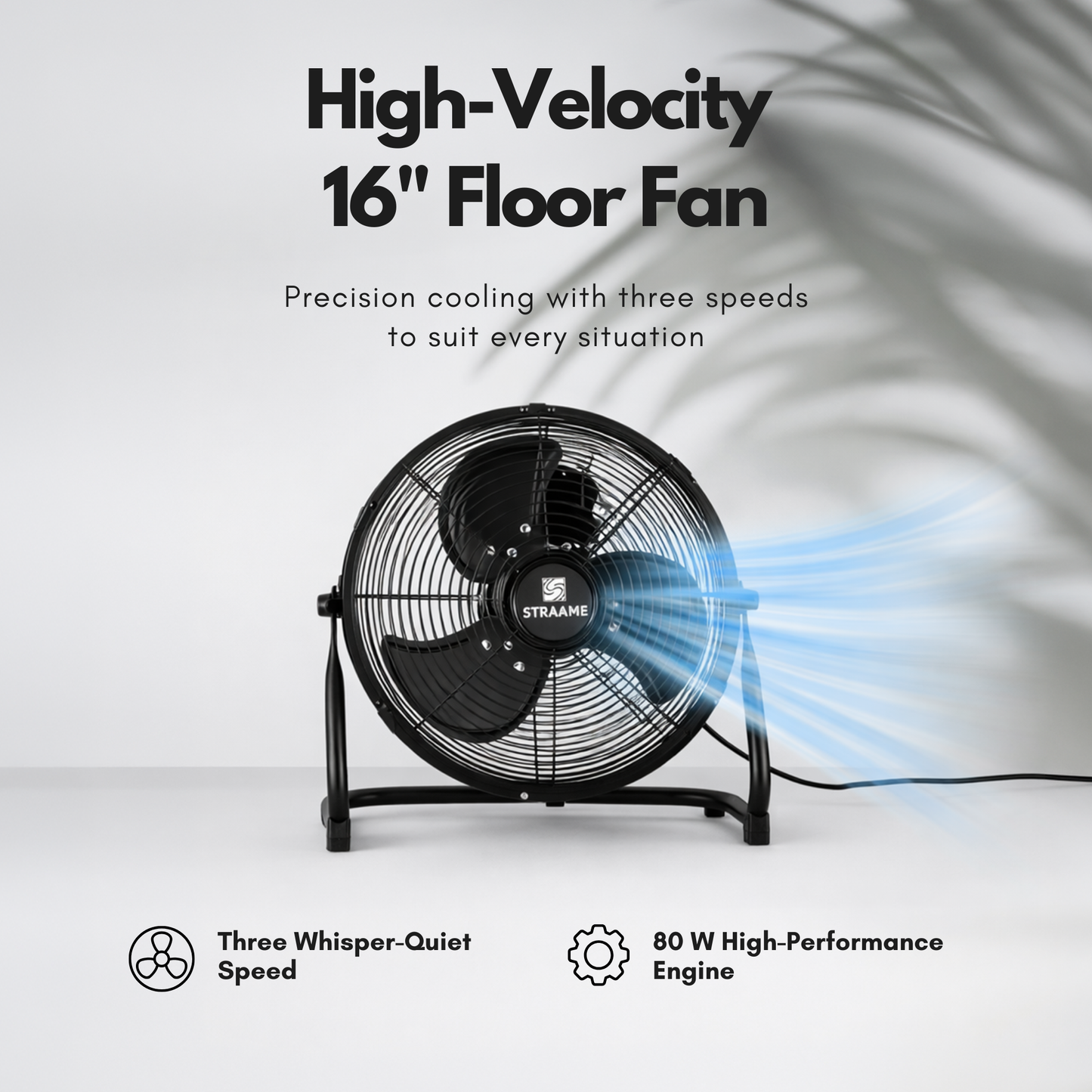 Straame Floor Fan – Quiet Portable Steel Floor Fan with 3 Speeds, High Velocity & Adjustable Head for Bedroom, Home & Gym – 1.8m Cable (16 Inch)