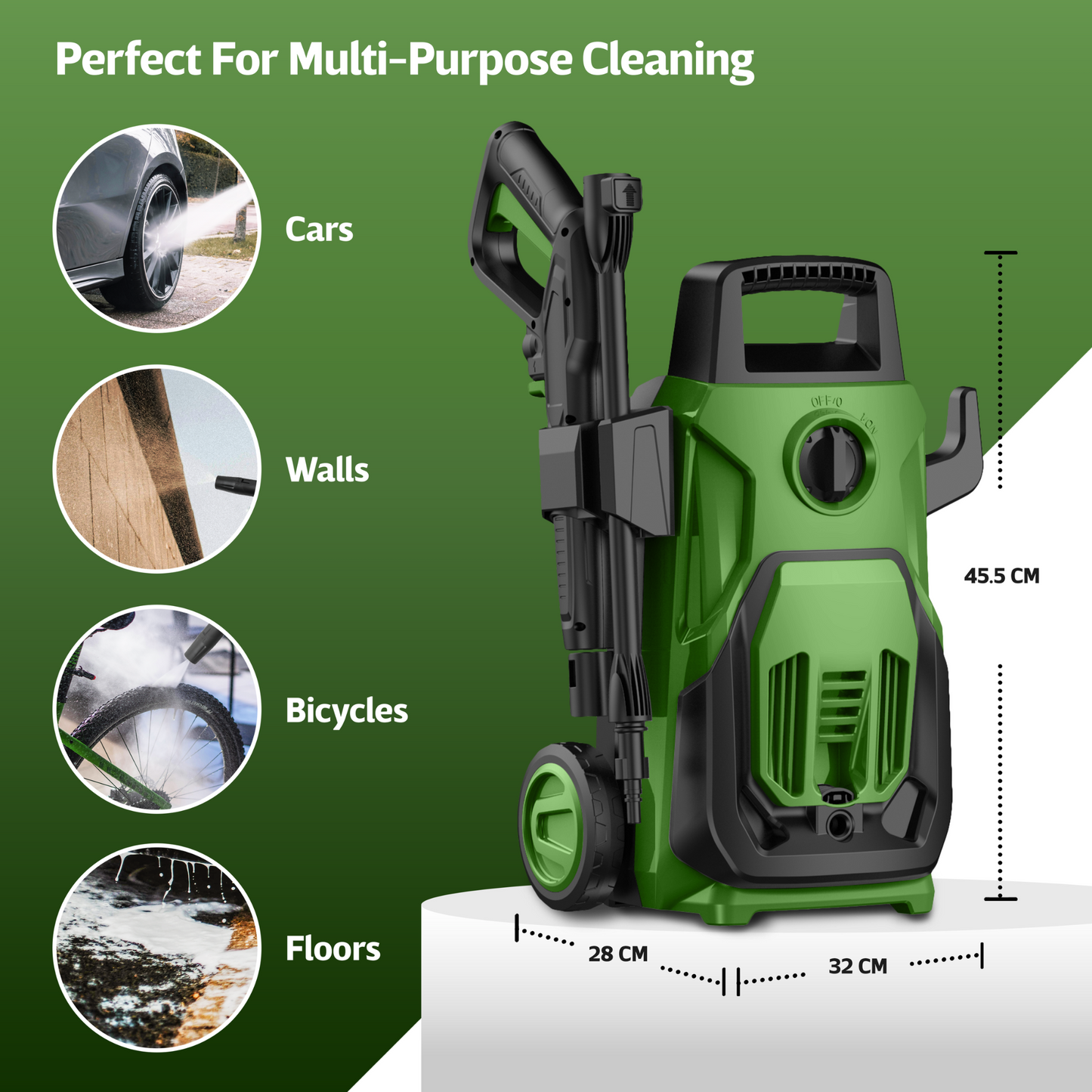 Straame Green 1600W Elite Pressure Washer, 120 Bar Max (80 Bar Rated), 7 L/min, 5 m Hose & Cable, Adjustable Spray Gun, Twist Nozzle, 250 ml Detergent Bottle & Car Brush for Patio, Car & Garden