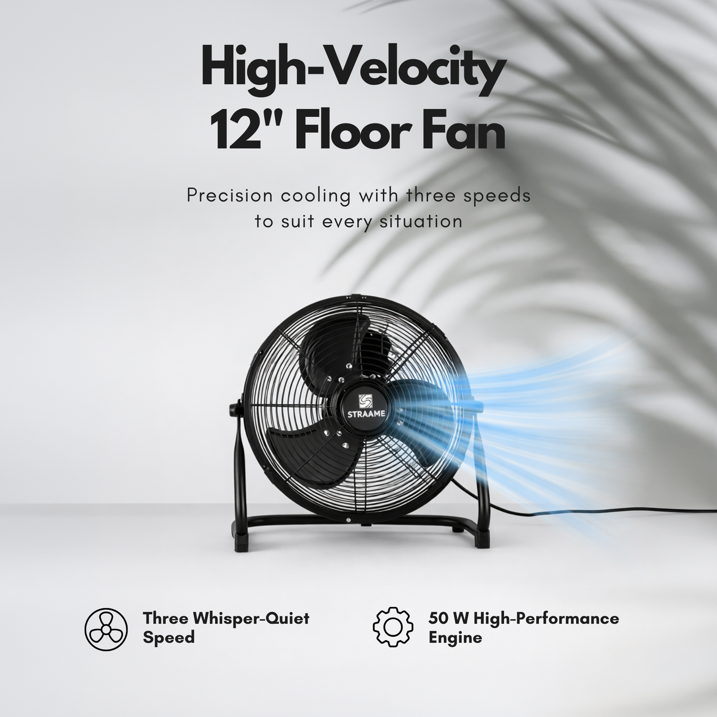 Straame Floor Fan – Quiet Portable Steel Floor Fan with 3 Speeds, High Velocity & Ad-justable Head for Bedroom, Home & Gym – 1.8m Cable (12 Inch)