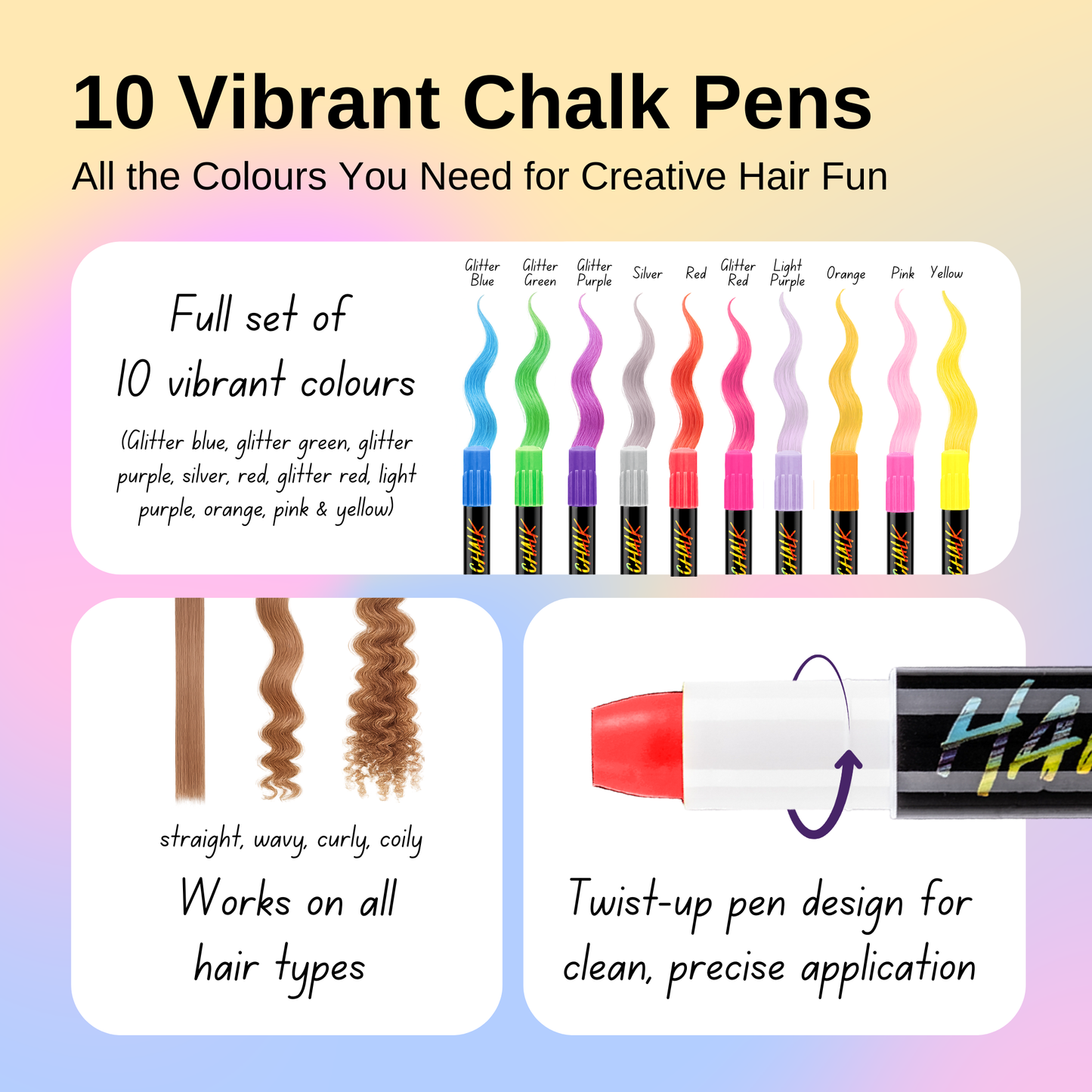 Straame Washable Hair Chalk Set (10 Colours) — Twist-Up Chalk Pens, Easy Apply, Shampoo Rinse-Off Temporary Hair Dye for kids, teens & adults | Fun Streaks for Parties, Birthdays & School Dress-Up