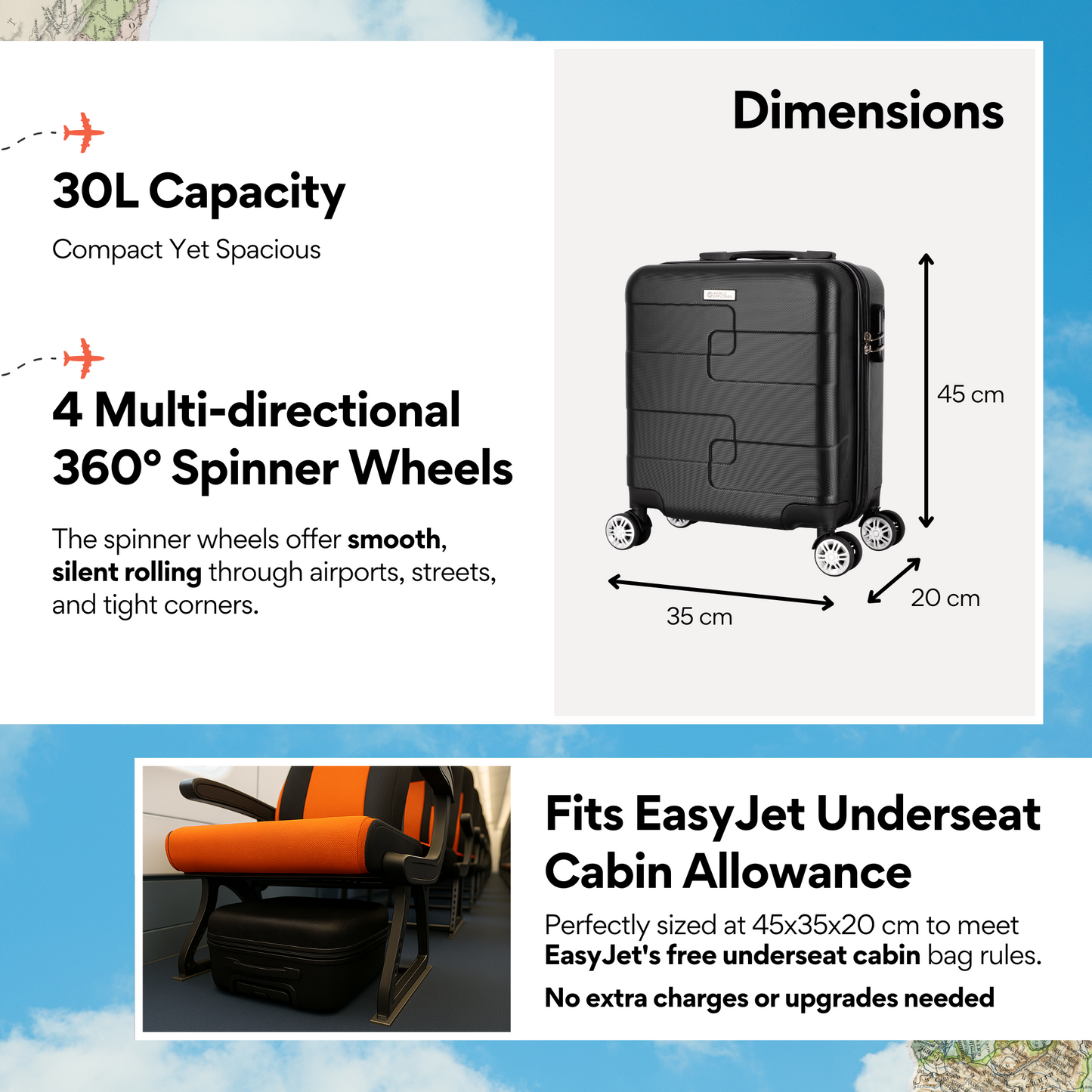 WORLD EXPLORER Cabin Suitcase ABS Hard Shell 360° Spinner Wheels & Com-bination Lock Lightweight 30L Underseat Cabin Luggage and Suitcase EasyJet Per-sonal Item Travel Bag (Black, 45x35x20 CM)