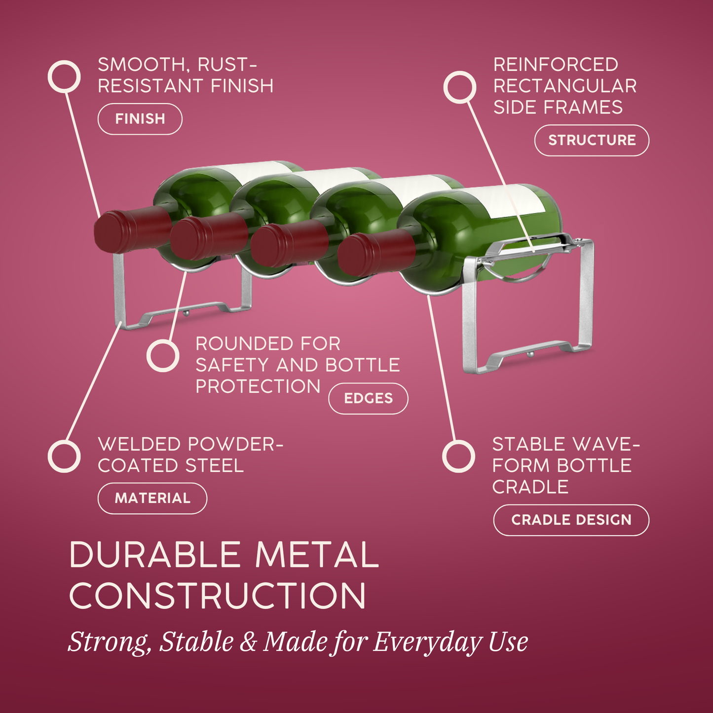 Straame 3 Tier Metal Wine Rack – Stackable Bottle Rack for Wine Storage – Wine Racks Free Standing Organiser for Countertop, Shelf or Cupboard – Modular Wire Rack Holder – Modern Design (Silver)