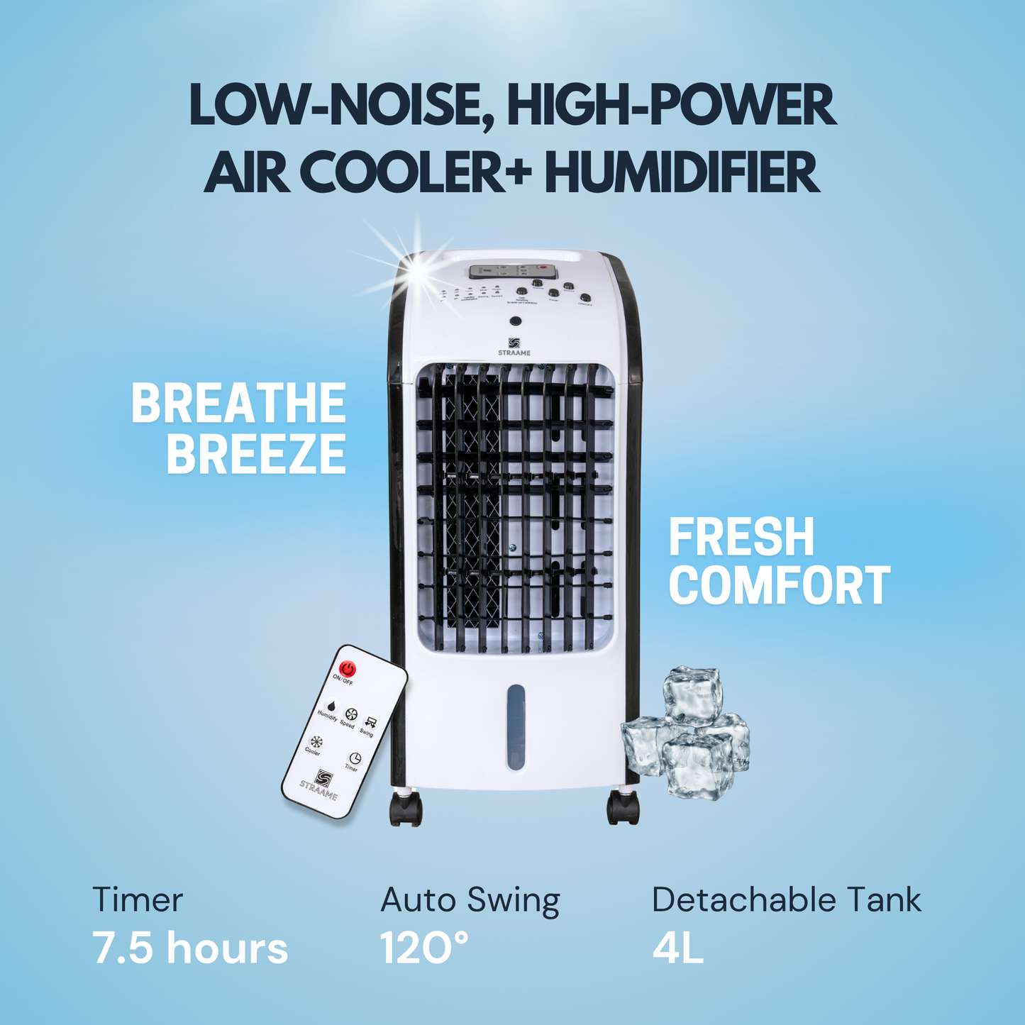 Straame Evaporative Air Cooler with Humidifier, 4L Detachable Tank, Remote Control, 2 Ice Packs, 3 Speeds, 7.5 Hour Timer, Portable Air Cooler for Bedroom, Room Cooler with Auto Swing & Caster Wheels