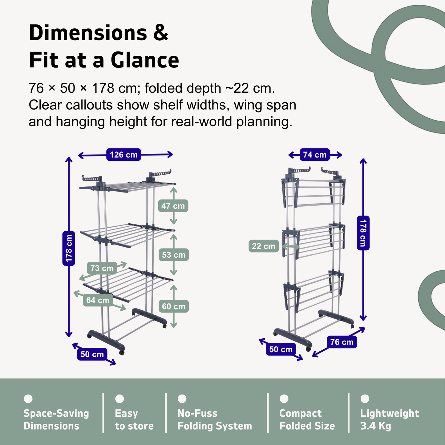 Straame 4-Tier Winged Clothes Airer – Foldable Clothes Drying Rack with Wheels for Indoor/Outdoor Use, Heavy-Duty Laundry Airer, Dryer rack, 76×50×178 cm (Grey)