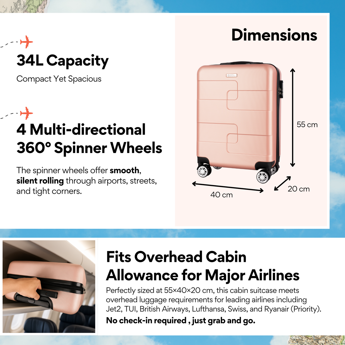 WORLD EXPLORER Cabin Suitcase | ABS Hard Shell with 360° Spinner Wheels & Com-bination Lock | Lightweight Cabin Luggage and Suitcase 34L – Ryanair Priority Size Travel Bag - Rose Gold, 55x40x20 CM