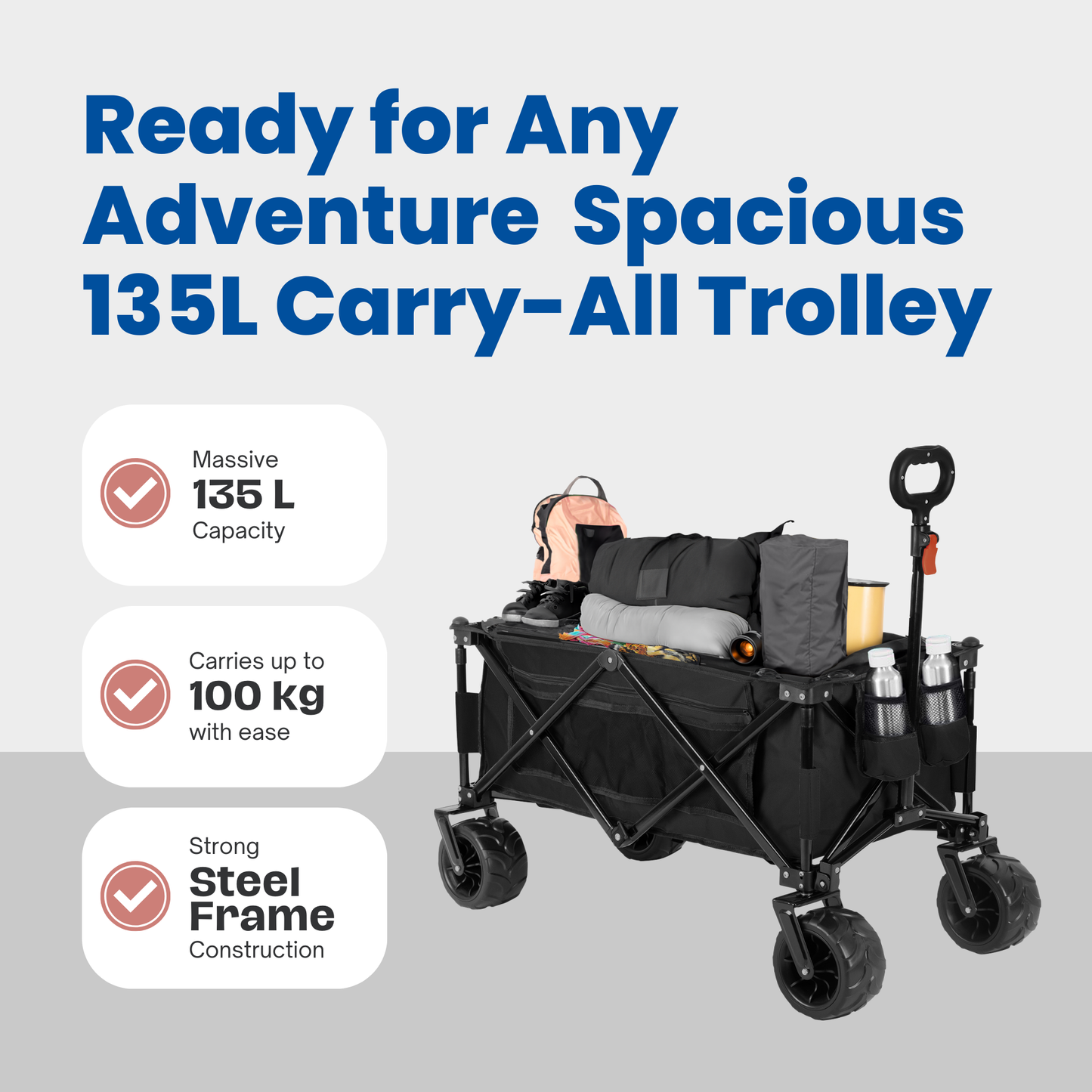 Straame Foldable Trolley Cart – 135L, 100kg Capacity Pull-Along Camping Wagon for Beach, Garden & Festivals – All-Terrain Festival Trolley with Adjustable Handle & 360° Swivel Wheels (Black)