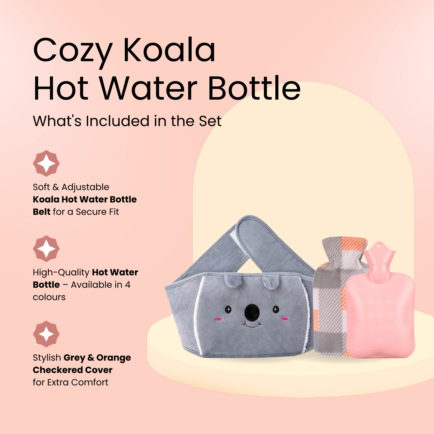 Straame Adjustable Wearable Hot Water Bottle Belt – 1L, 65 inches (165 cm) – Cozy Koala for Period Cramps, Back, Neck & More – Hands-Free Pain Relief – Included Hot Water Bottle, Belt & Cover (Pink)