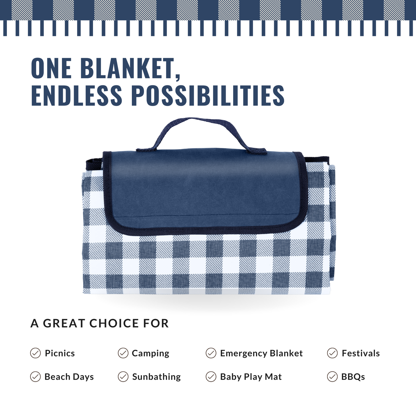 Straame Waterproof Picnic Blanket – Large 200x140cm Foldable Outdoor Blanket with Carry Handle – Ideal for Camping, Beach, Garden & Festivals – Timeless Gingham Design (Blue)