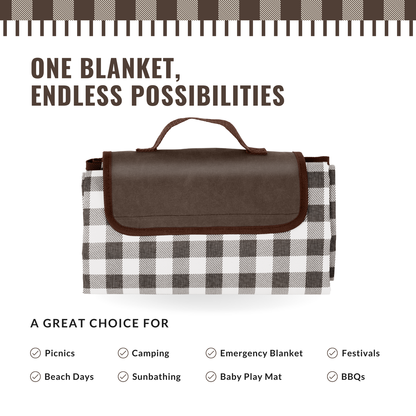 Straame Waterproof Picnic Blanket – Large 200x140cm Foldable Outdoor Blanket with Carry Handle – Ideal for Camping, Beach, Garden & Festivals – Timeless Gingham Design (Brown)