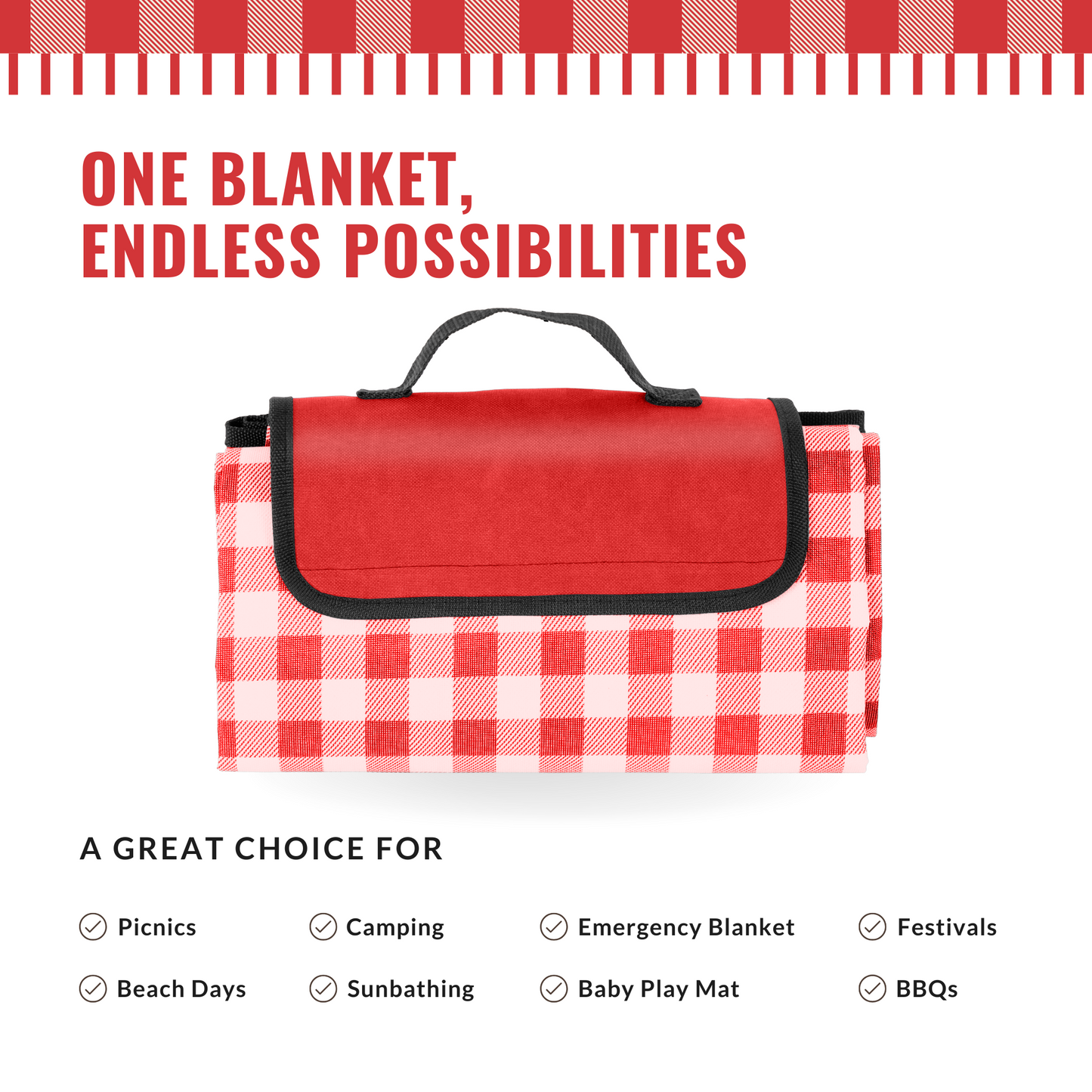 Straame Waterproof Picnic Blanket – Large 200x140cm Foldable Outdoor Blanket with Carry Handle – Ideal for Camping, Beach, Garden & Festivals – Timeless Gingham Design (Red)